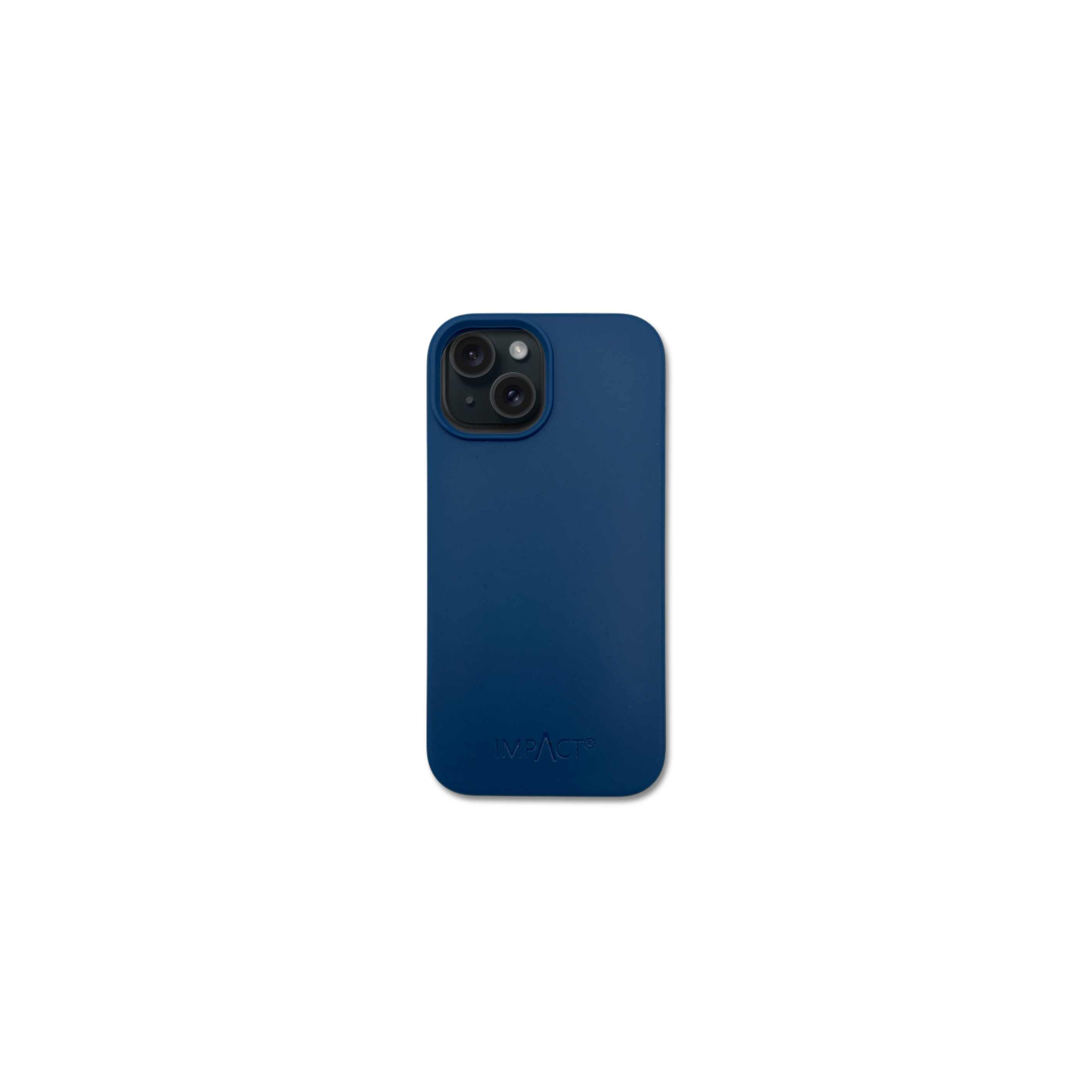 Una custodia blu navy con fori per la fotocamera. La parola 'IMPACT' è stampata in basso.