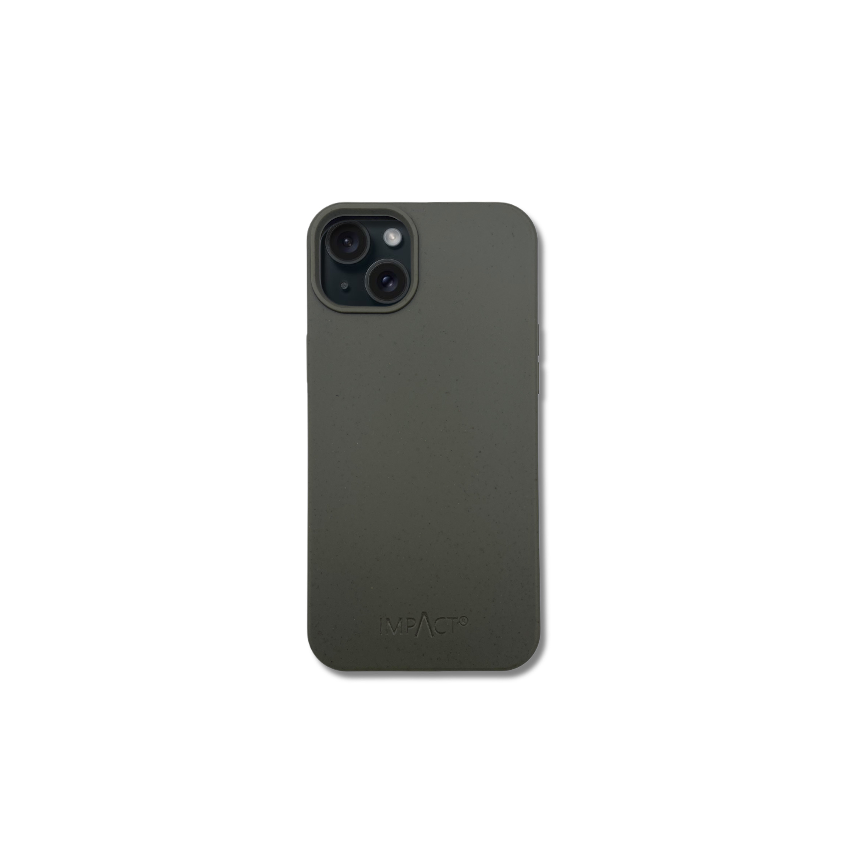 Una custodia per telefono verde oliva con tre ritagli per la fotocamera. Il marchio IMPACT è in rilievo in basso.