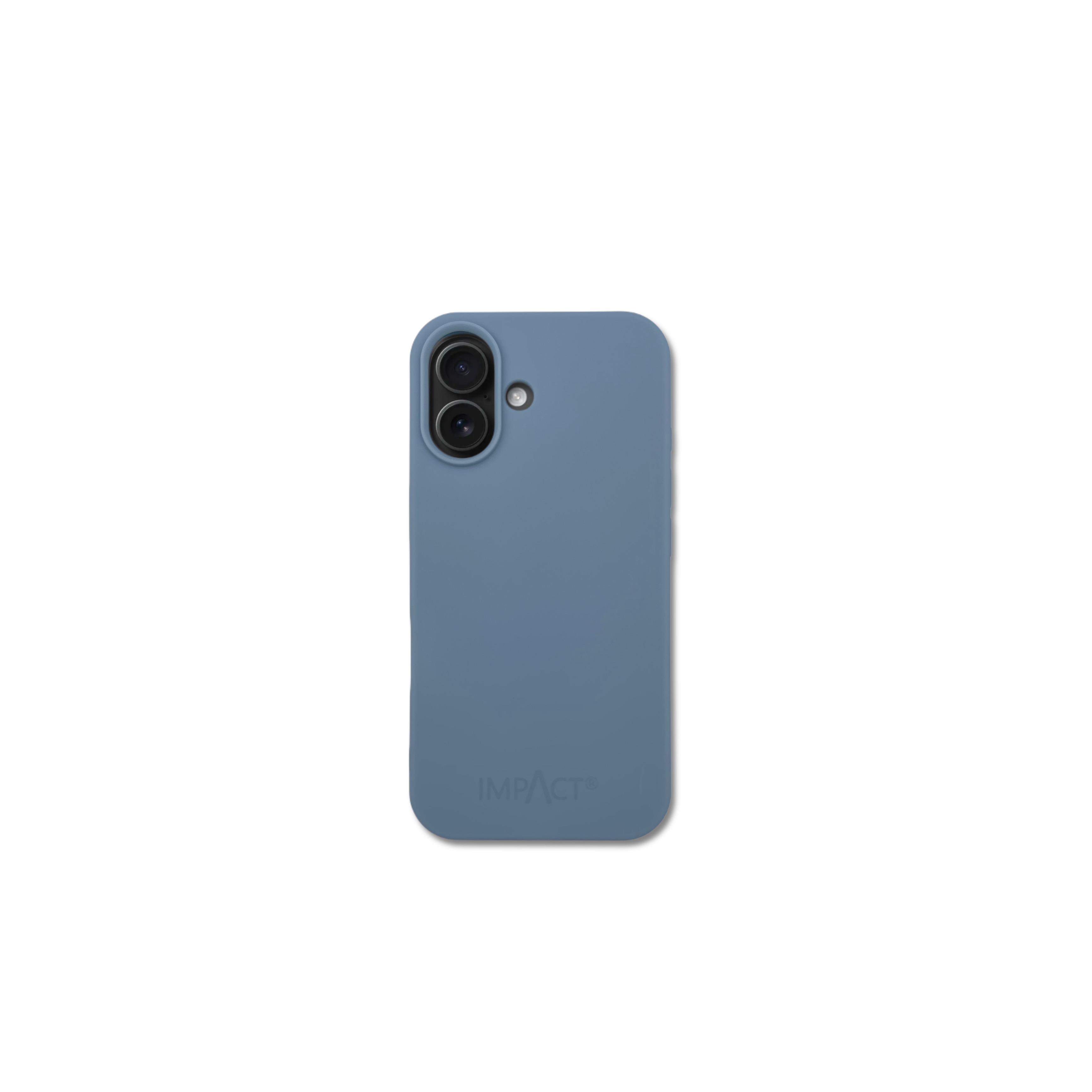 Una custodia blu per telefono su sfondo bianco. Ha due lenti della fotocamera e il marchio IMPACT®.