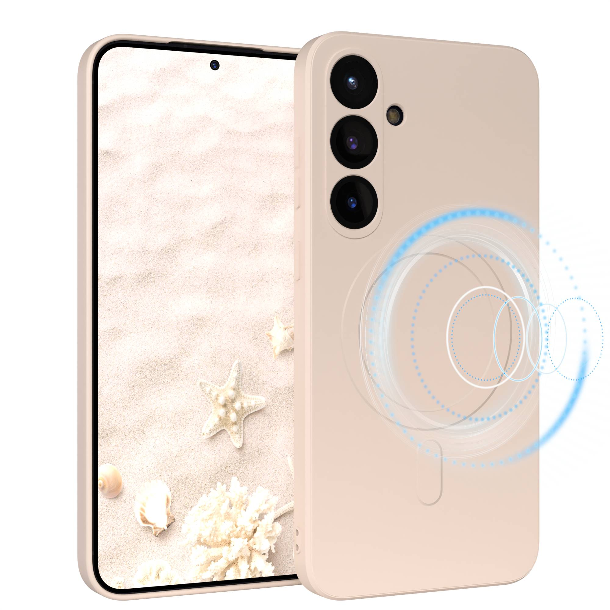 Eine Telefonhülle zeigt eine Strandszene auf dem Bildschirm. Die Hülle ist beige, mit einer Kameraanordnung. Blaue Energie wirbelt auf der Rückseite.