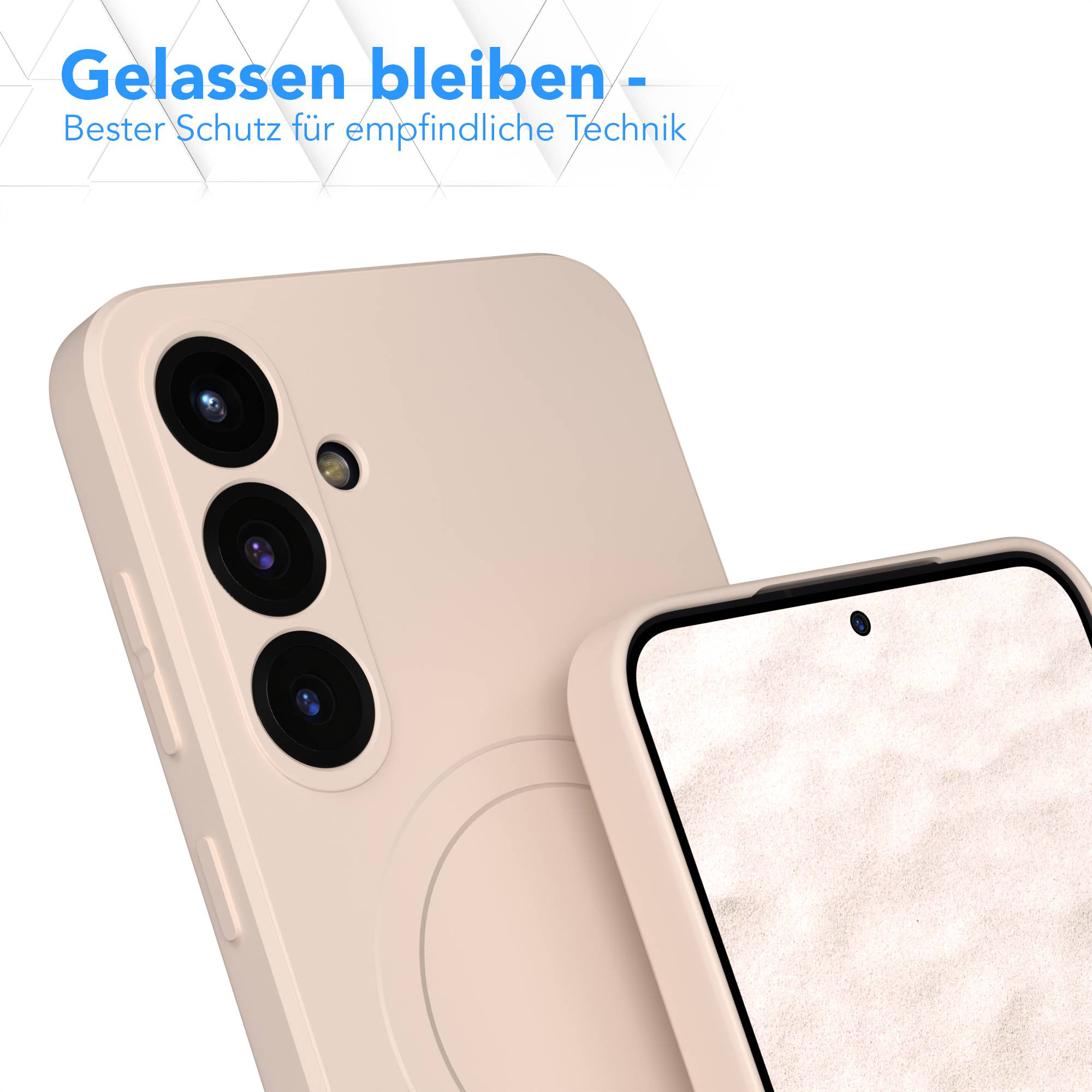 Nahaufnahme eines Telefons mit drei Kameralinsen und einem Displayschutz. Text oben in Blau: Gelassen bleiben.