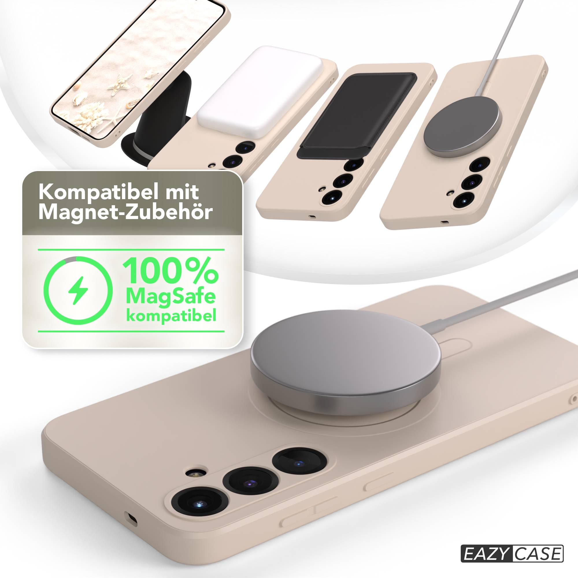 Das Bild zeigt Handyhüllen mit MagSafe-Zubehör. Ein Telefon liegt auf einem Ständer. Ein Ladegerät ist angeschlossen. Das Etikett lautet 100% MagSafe-kompatibel.