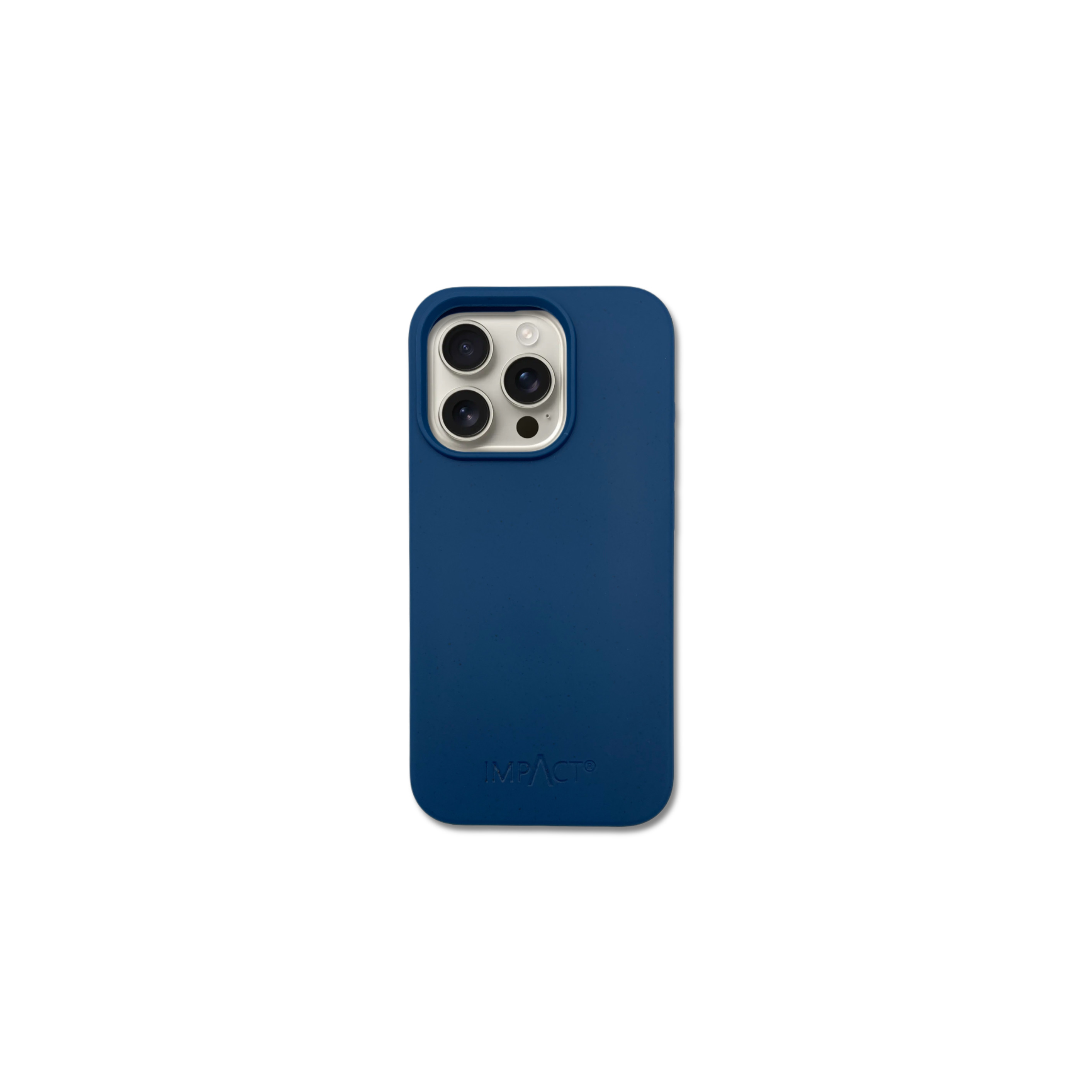 Viene mostrata una custodia per telefono blu navy, con ritagli per la fotocamera e il marchio IMPACT® in basso.