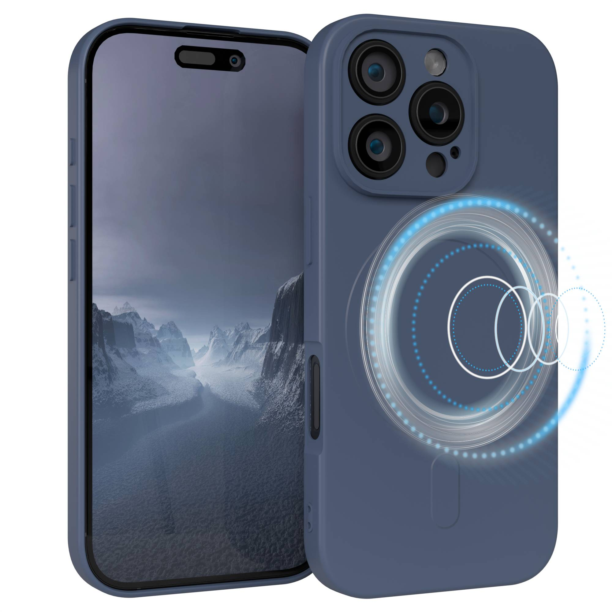 Blaue Handyhülle mit Telefon. Das Telefon zeigt Berge. Ein leuchtender Kreis ist auf der Rückseite der Hülle.