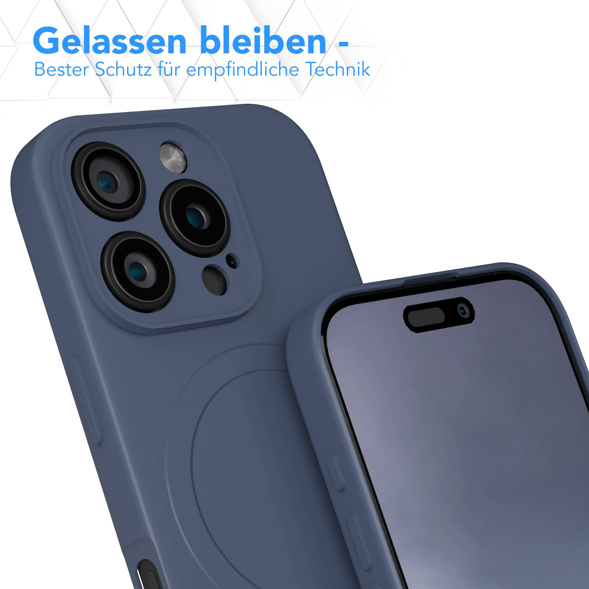 Eine blaue Handyhülle mit Displayschutz. Die Hülle hat mehrere Kameraausschnitte. Text oben: 'Gelassen bleiben'.