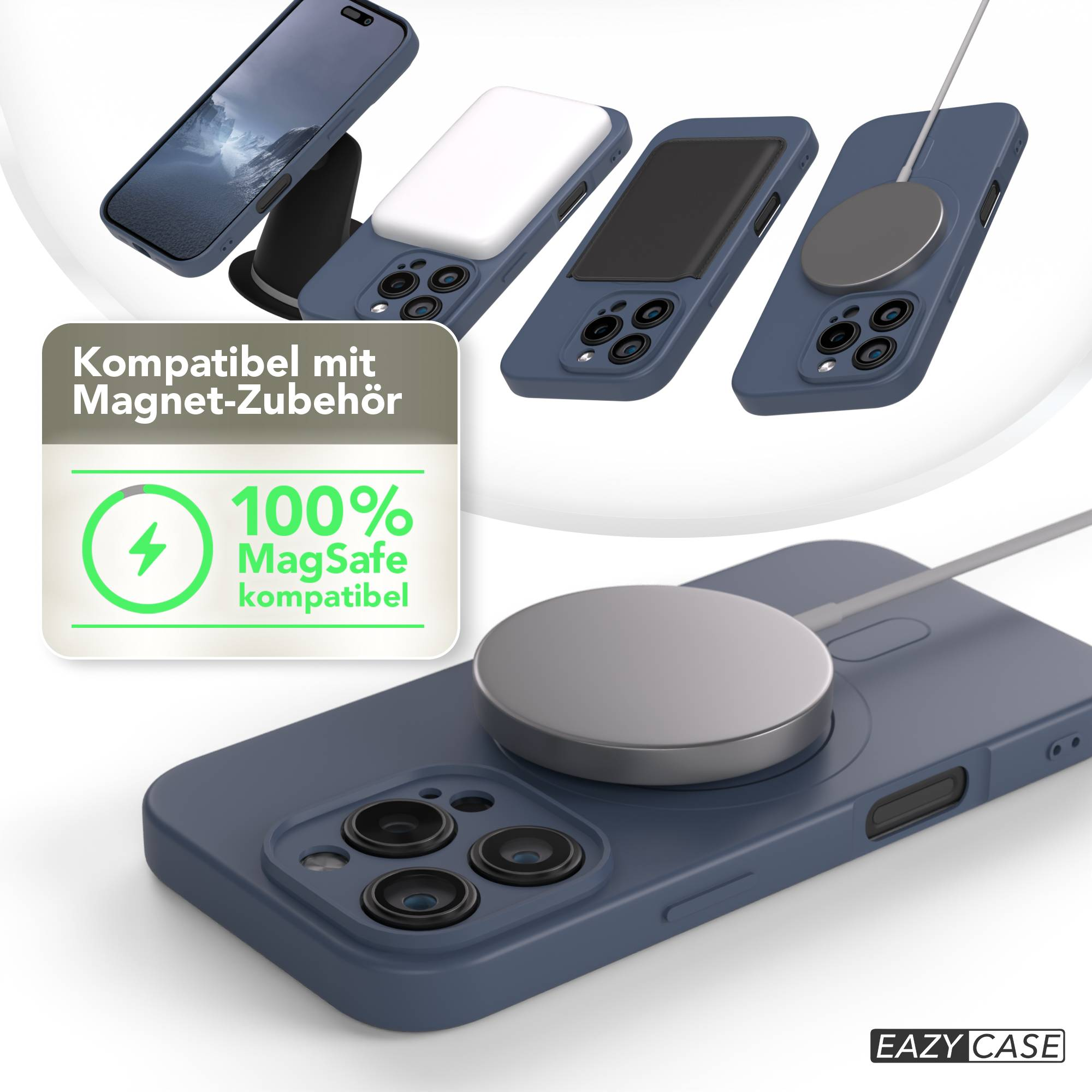 Bild zeigt blaue Handyhüllen mit MagSafe-Zubehör. Eine Hülle hat ein Ladegerät. Text zeigt 100% MagSafe-Kompatibilität.