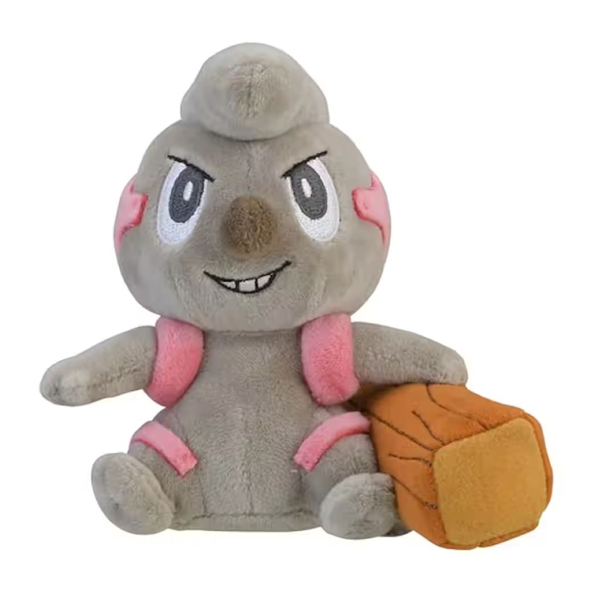Ein Stofftier einer Zeichentrickfigur. Es ist grau mit rosa Akzenten und hält einen braunen Baumstamm. Es hat ein lächelndes Gesicht und einen felsartigen Kopf.