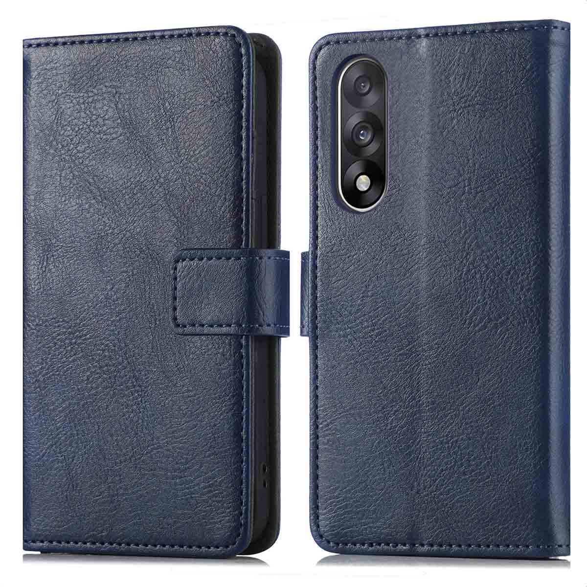 Un étui de téléphone en cuir bleu marine, ouvert pour afficher l'arrière du téléphone avec un ensemble de caméras. L'étui a un fermoir magnétique.