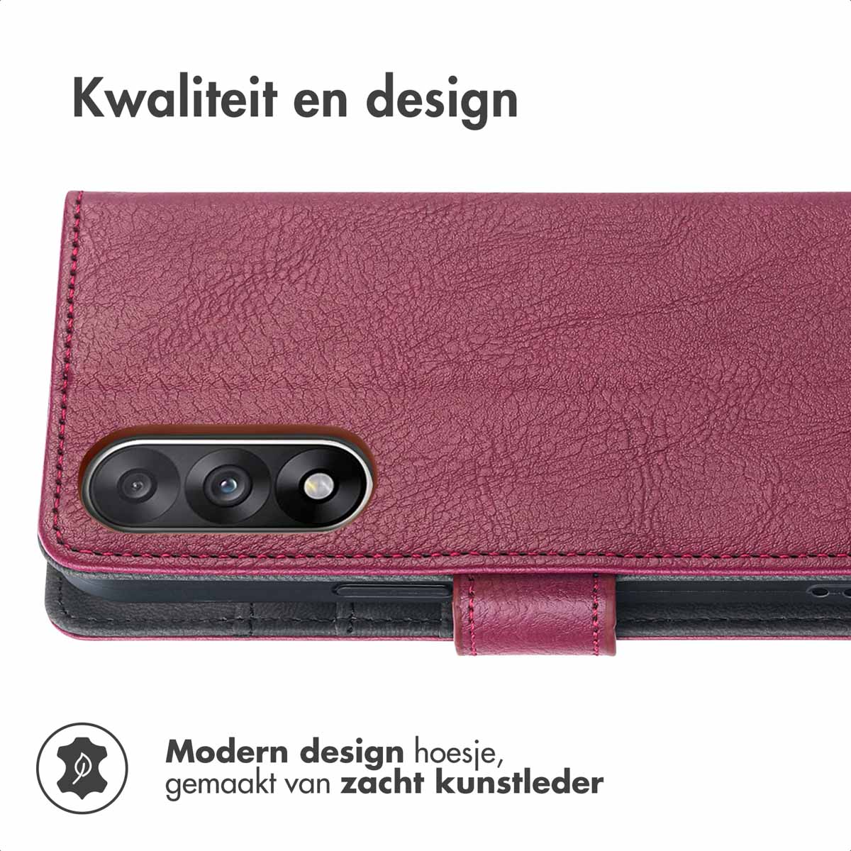Un étui de téléphone en cuir bordeaux avec des coutures et un module caméra. Texte : 'Kwaliteit en design' et 'Modern design hoesje, gemaakt van zacht kunstleder'.