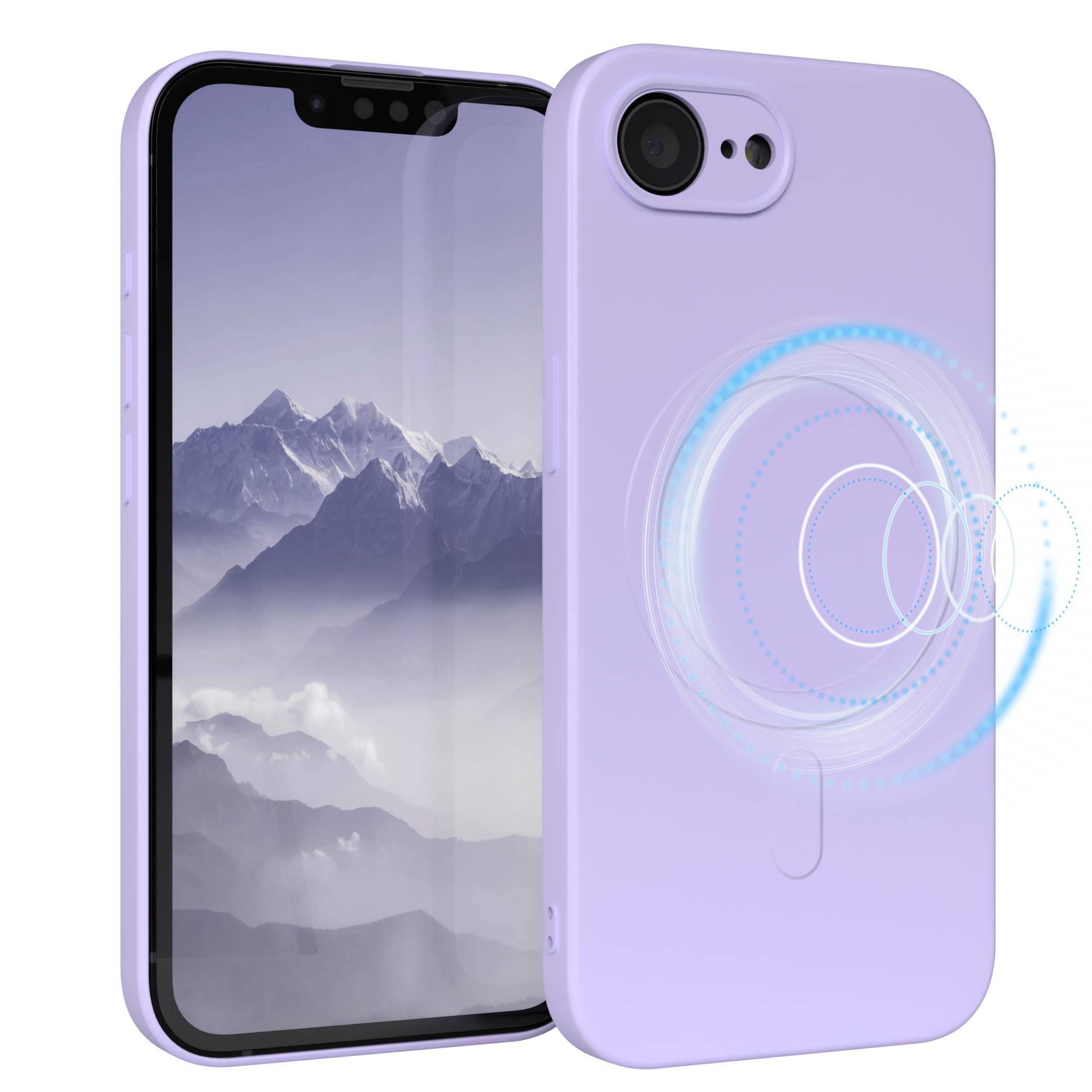 Eine lilafarbene Handyhülle mit einem Telefon darin. Das Telefon zeigt eine Berglandschaft. Die Hülle hat ein kreisförmiges Design.