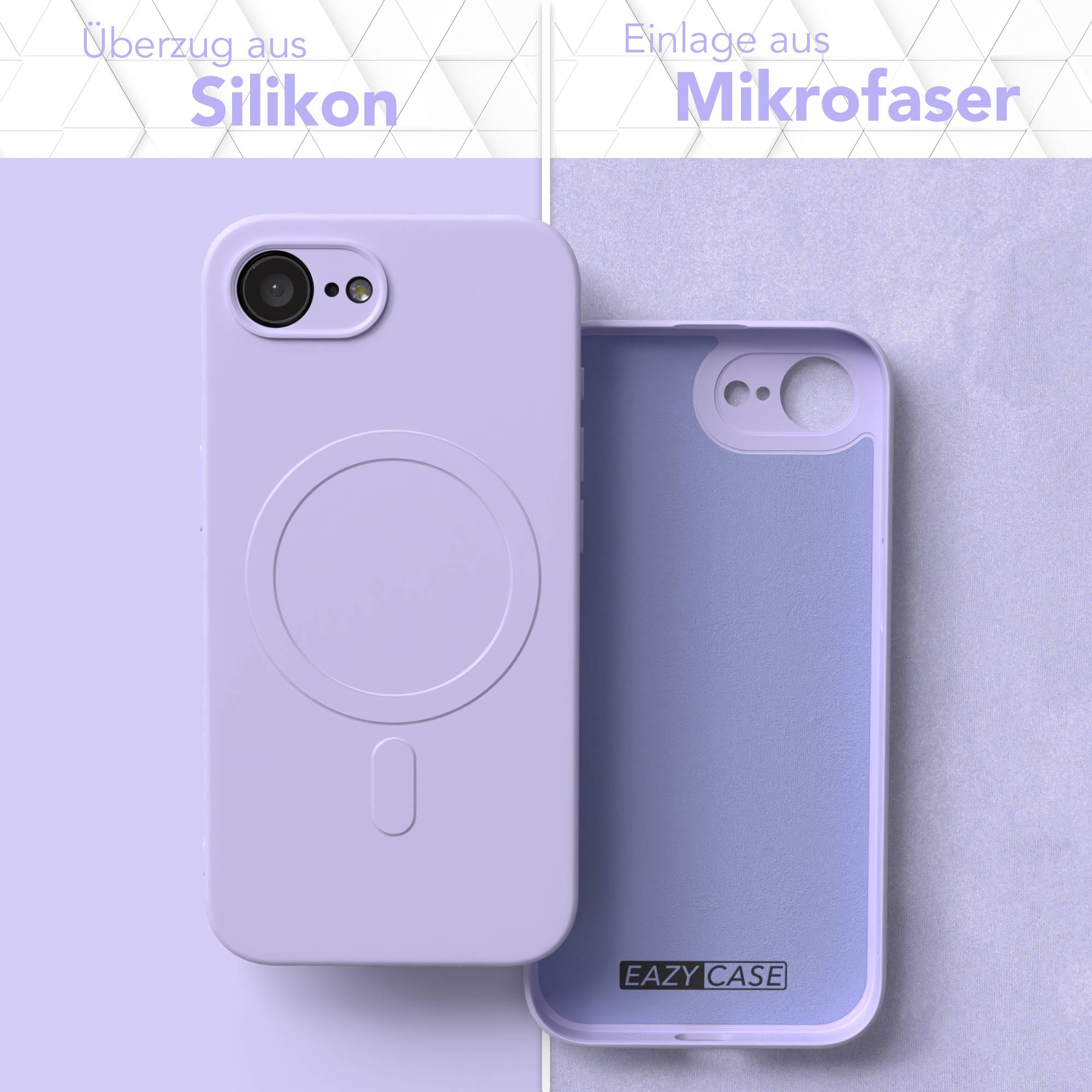 Eine lila Handyhülle, außen Silikon und innen Mikrofaser, ist geöffnet und zeigt das Innere. Text: 'EAZY CASE'.