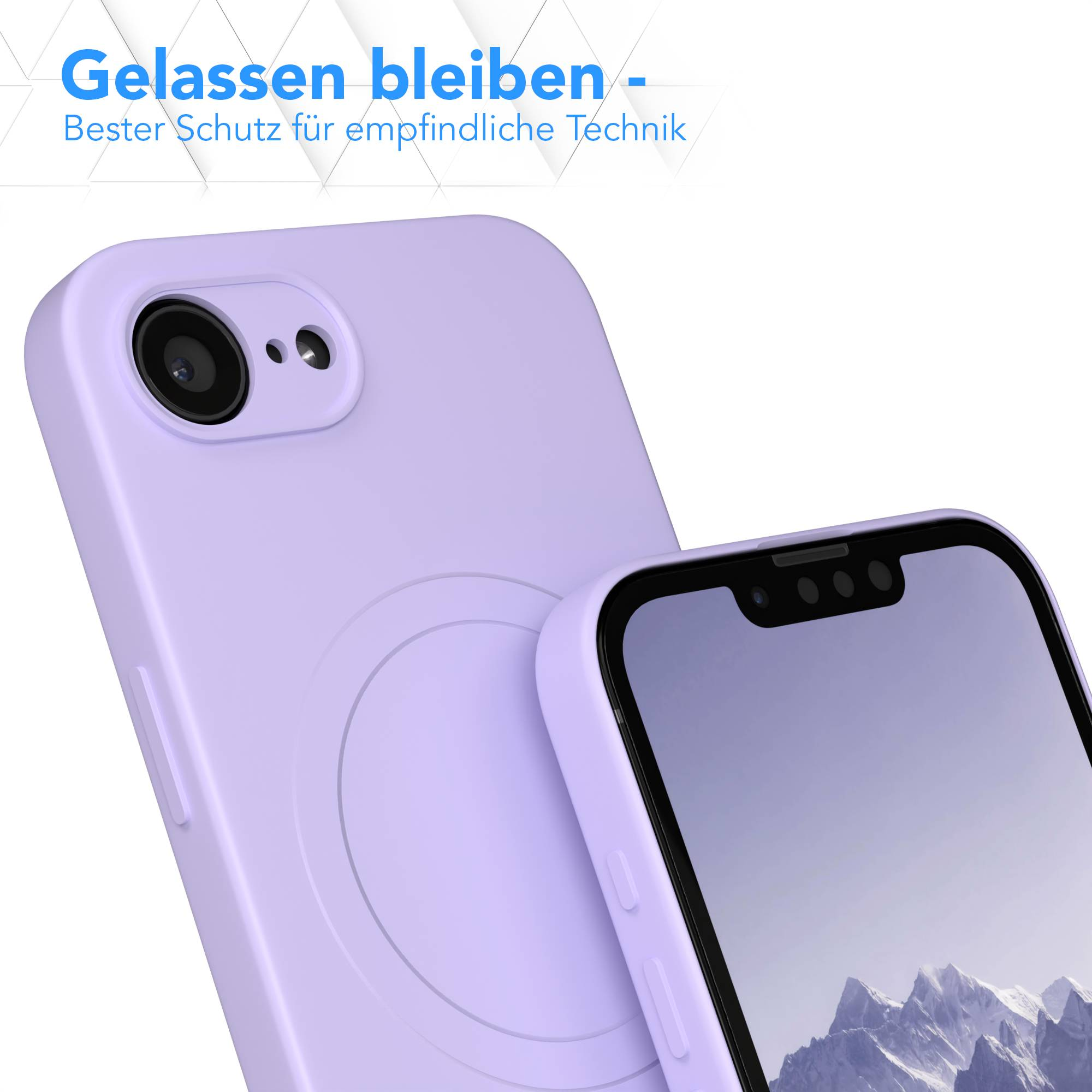 Ein lila Handy-Case und ein Handy mit einem Bildschirm, der Berge zeigt, werden angezeigt. Das Handy befindet sich teilweise im Case.
