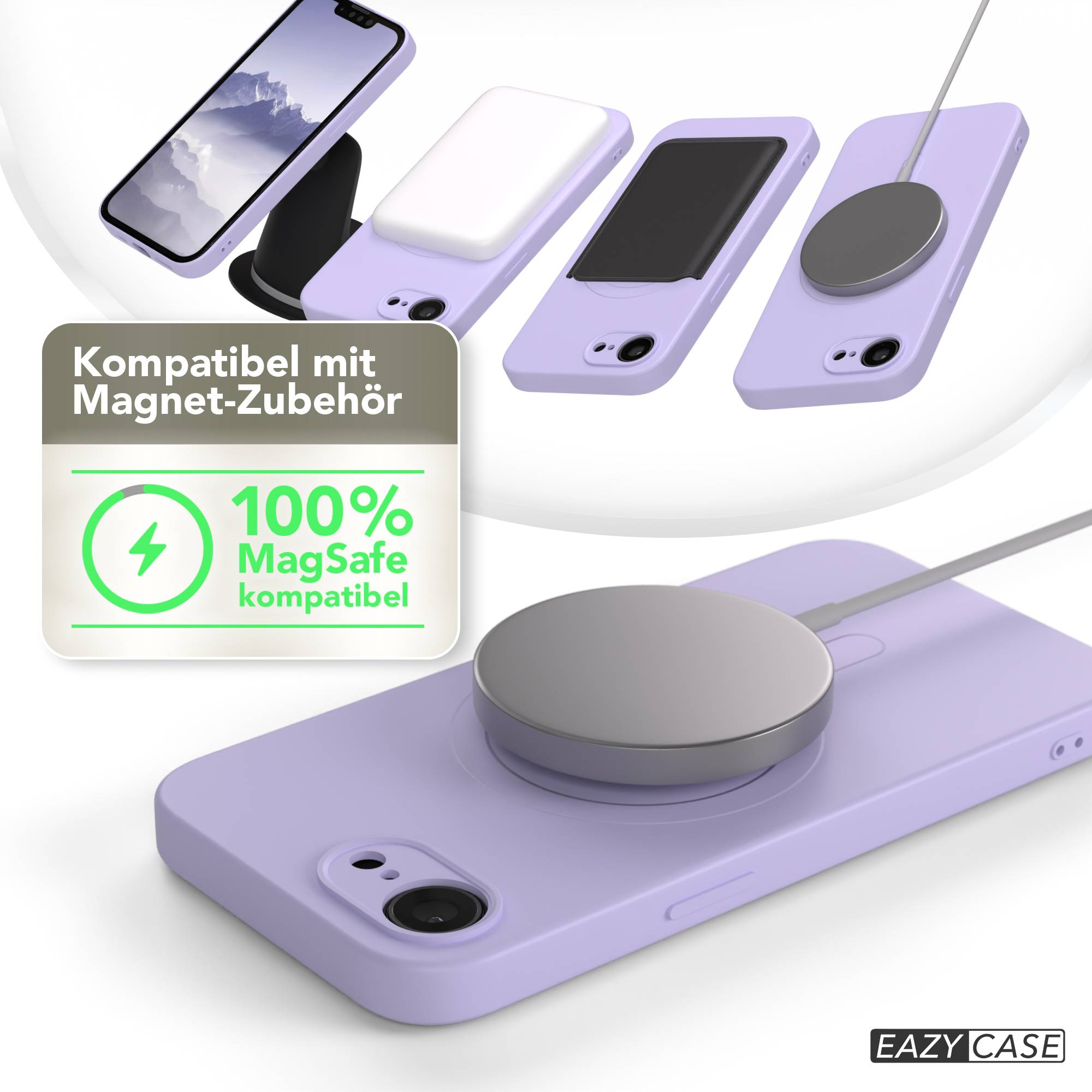 Verschiedene Handyhüllen mit MagSafe-Zubehör. Hüllen in Schwarz, Weiß und Lila. Enthält eine Kompatibilitätsgrafik.