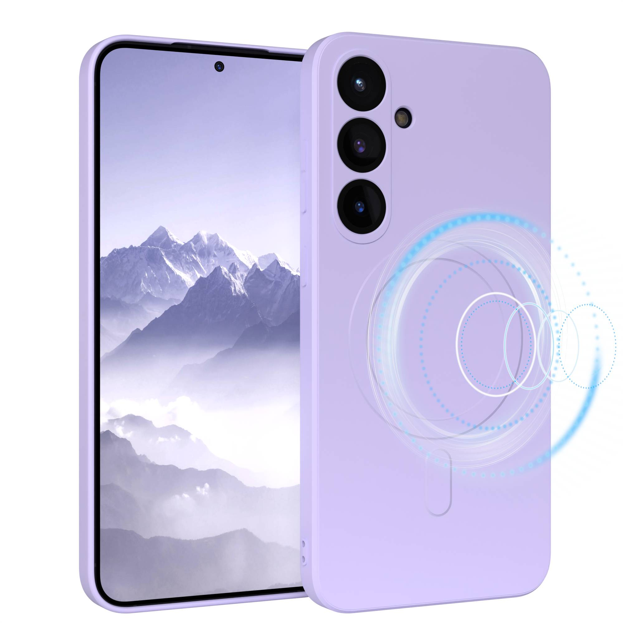 Eine hellviolette Handyhülle schützt ein Telefon. Das Telefon zeigt eine Berglandschaft. Die Hülle hat drei Kameras und ein kreisförmiges Design.