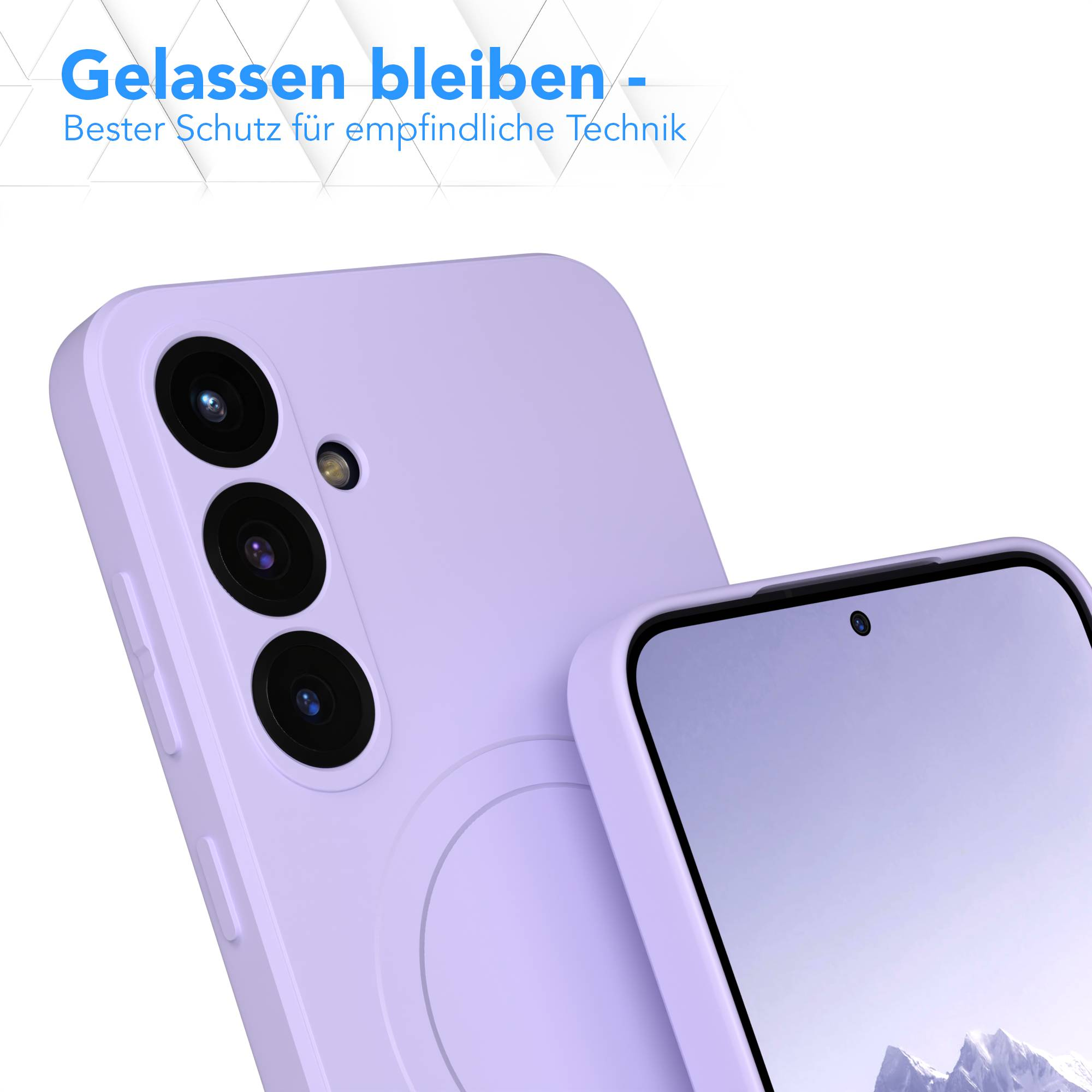 Nahaufnahme einer helllila Handyhülle, mit sichtbarem Telefonbildschirm. Der Text lautet: 'Gelassen bleiben'.