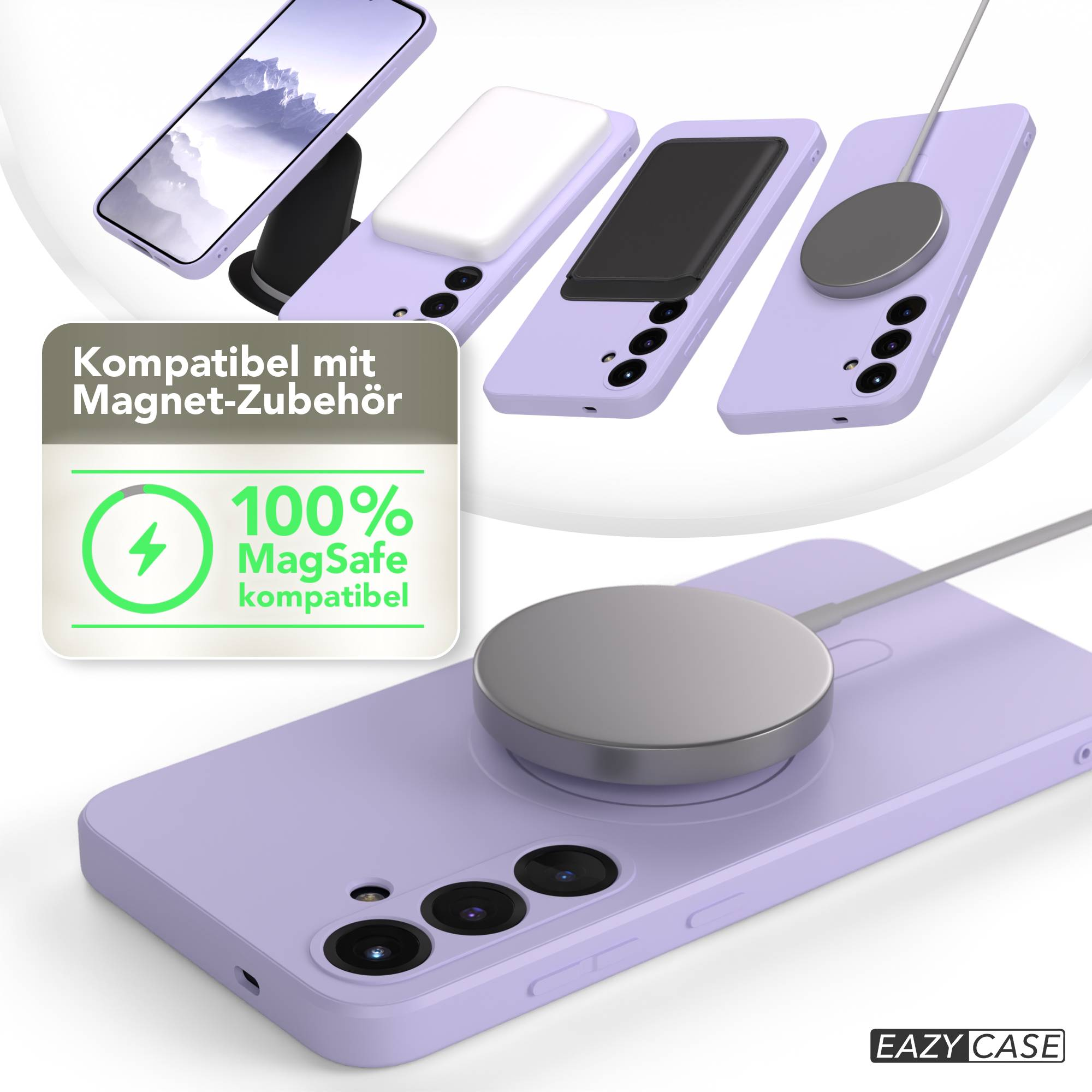 Das Bild zeigt Telefone mit lila Hüllen und MagSafe-Zubehör. Ein Schild sagt: 100% MagSafe-kompatibel.