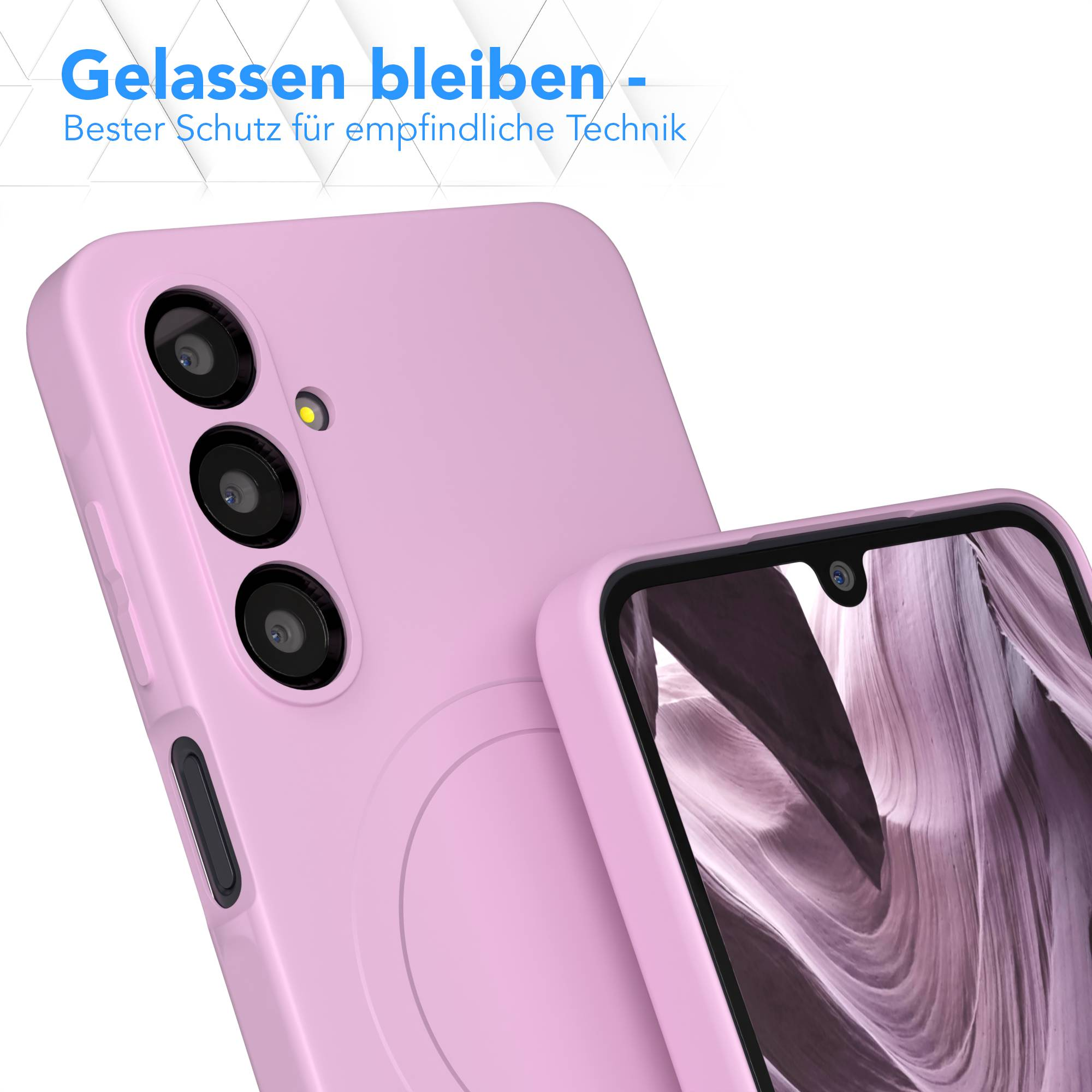 Eine rosa Handyhülle mit Displayschutz, die die Kamera und den Bildschirm des Telefons zeigt. Der Text auf Deutsch lautet 'Gelassen bleiben'.