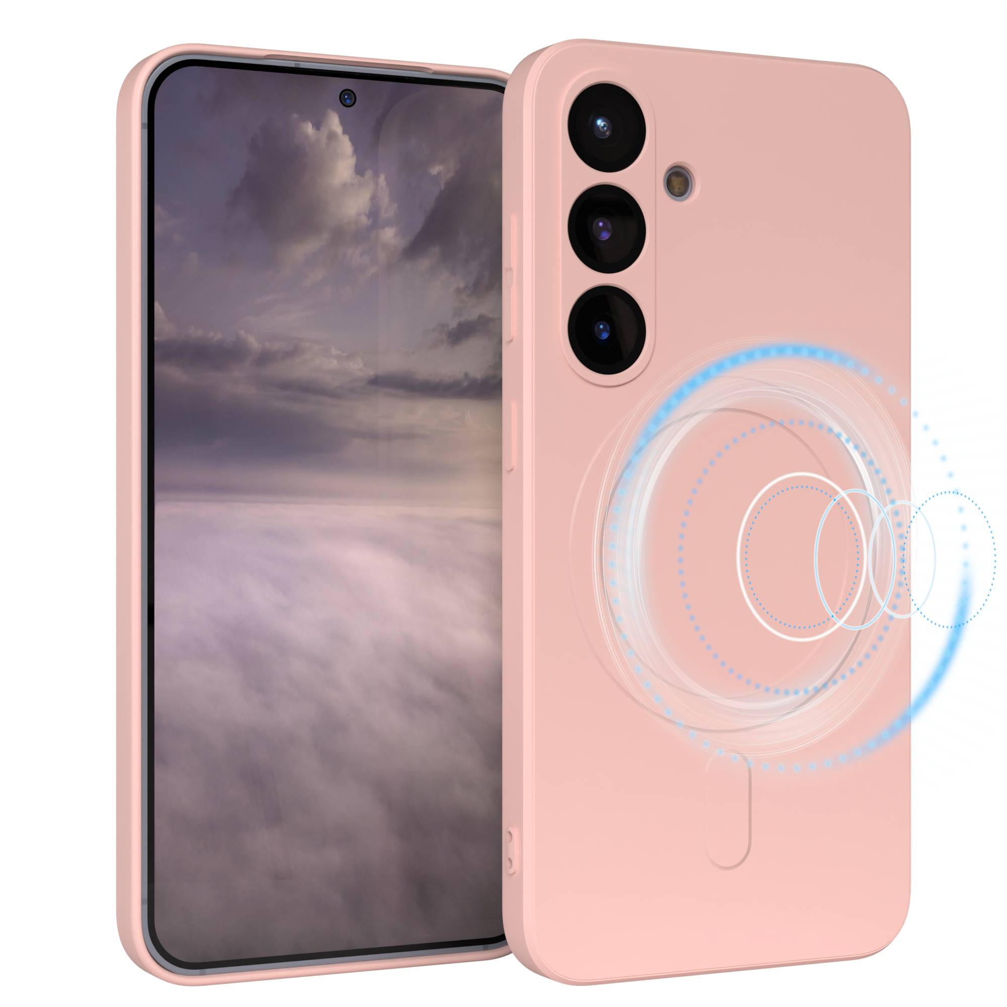 Eine rosa Handyhülle mit einem Telefon darin. Der Telefonbildschirm zeigt einen bewölkten Himmel. Es gibt mehrere Kameralinsen.