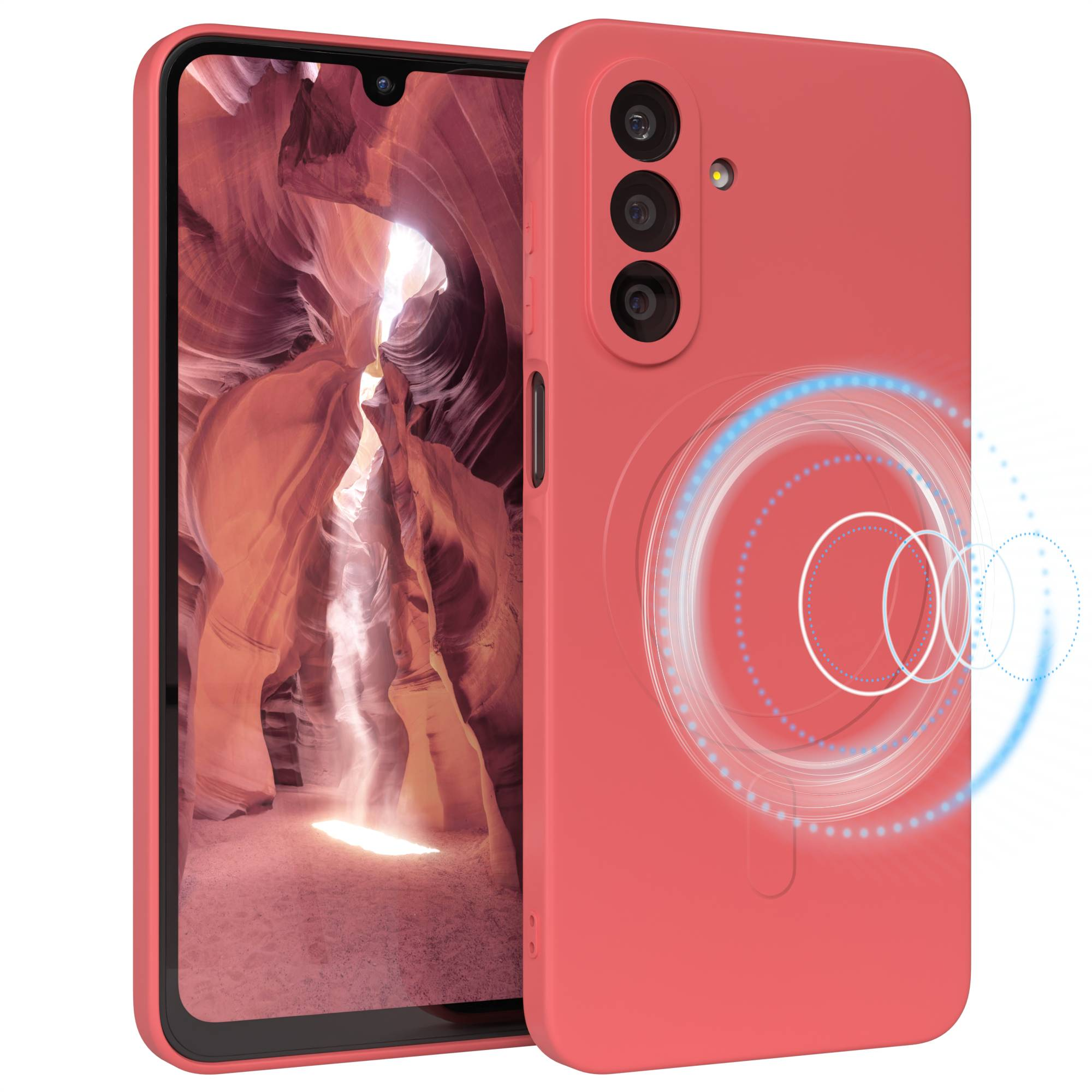 Eine korallenfarbene Handyhülle mit einem Telefon, das ein Canyonbild anzeigt. Die Hülle hat mehrere Kameralinsen und ein magnetisches Ladedesign.