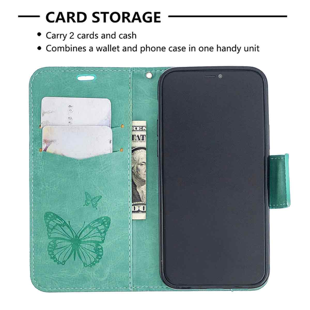 Eine teal-farbene Brieftasche-Handyhülle. Sie enthält Karten, Bargeld und ein Telefon. Verziert mit einem Schmetterling. Die Hülle ist offen und zeigt den Inhalt.