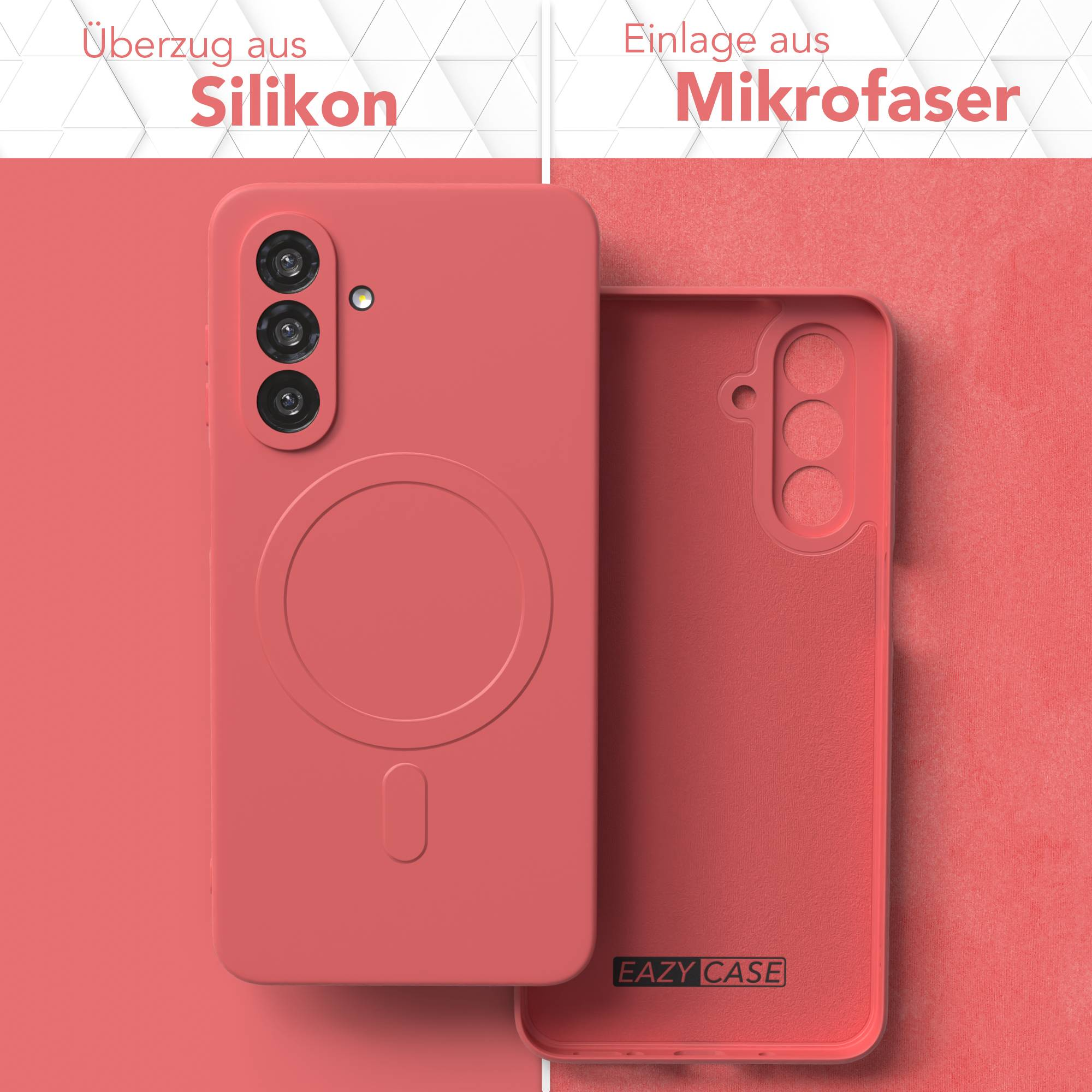 Rosa Handyhülle mit Silikon außen und Mikrofaser innen, geteilt in zwei Teile. Text sagt 'Silikon' und 'Mikrofaser'.