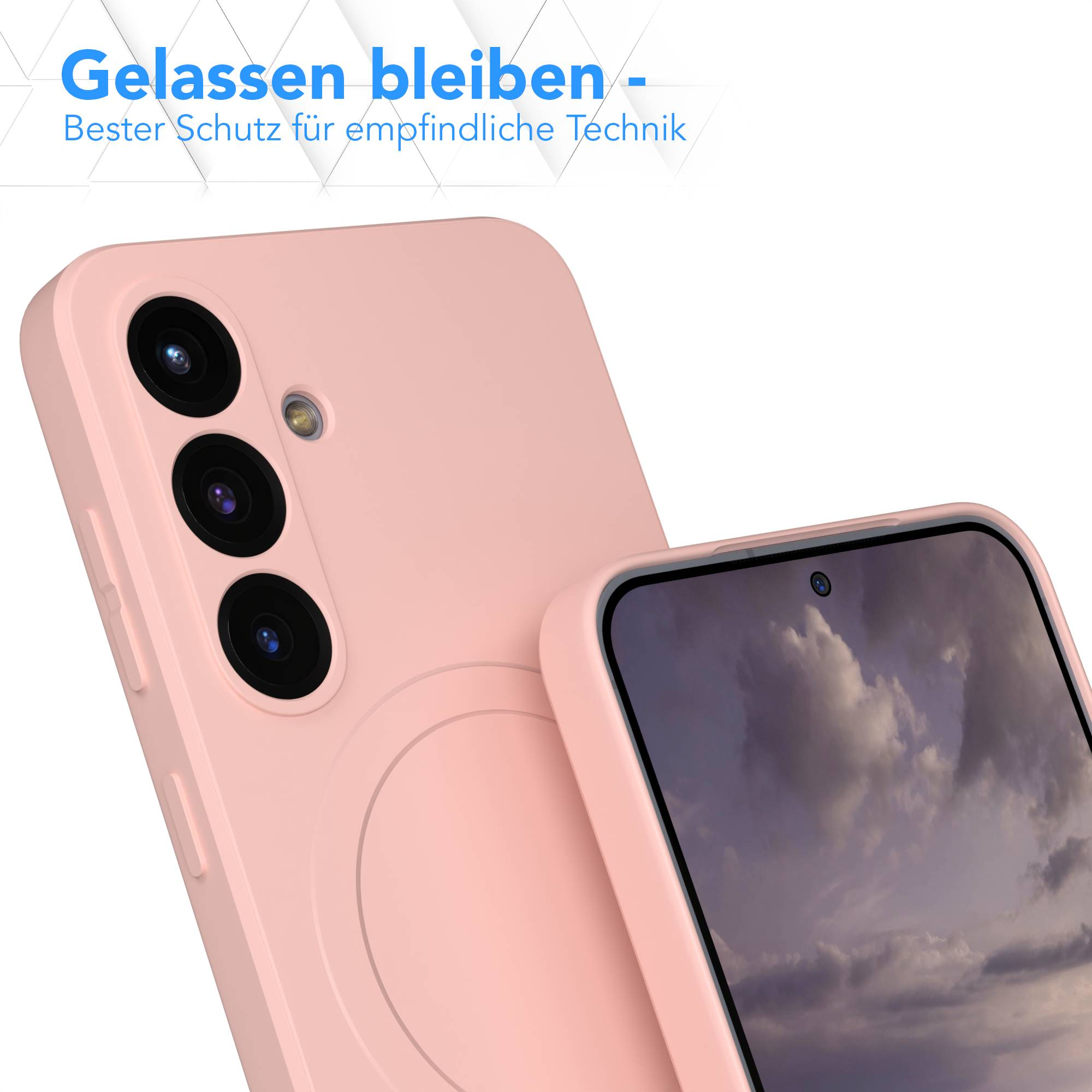 Eine rosa Handyhülle mit drei Kameralinsen und einem Bildschirm mit bewölktem Himmel.