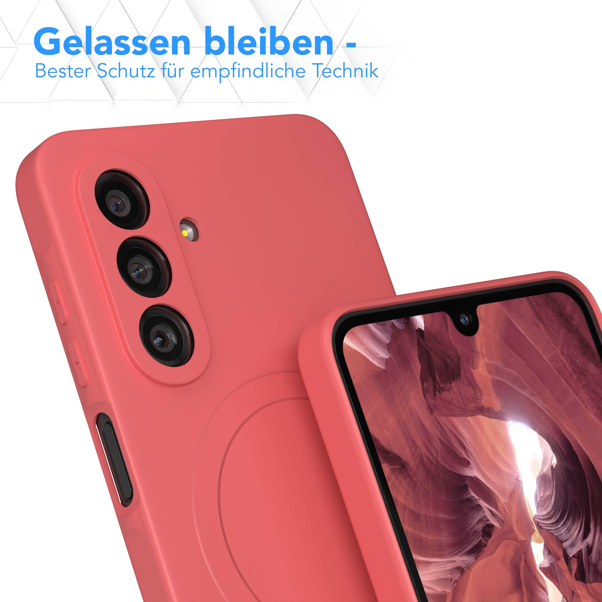 Korallfarbene Handyhülle. Der Bildschirm zeigt eine Landschaft. Die Hülle schützt Kamera und Bildschirm des Telefons.