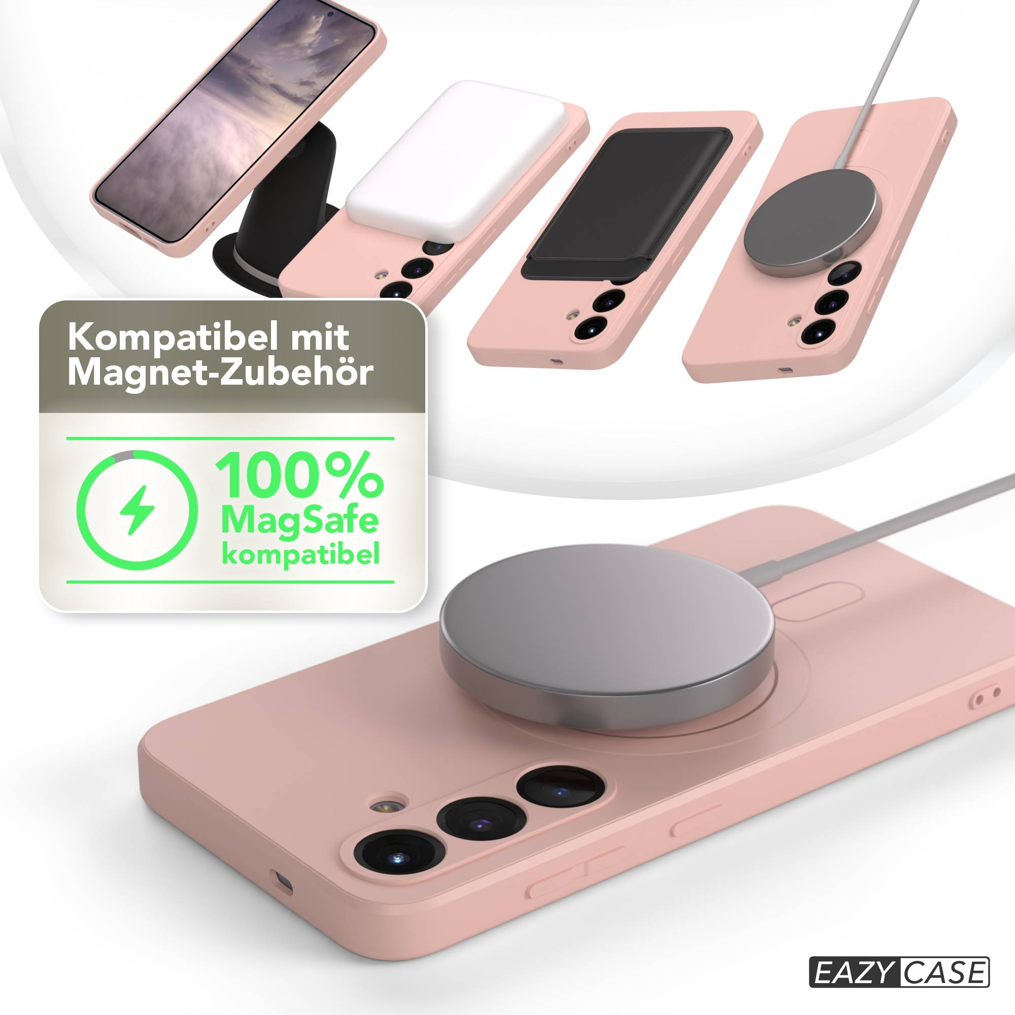 Das Bild zeigt Handyhüllen mit MagSafe-Zubehör, darunter Ladegeräte und Telefonständer, in einer Produktaufnahme.