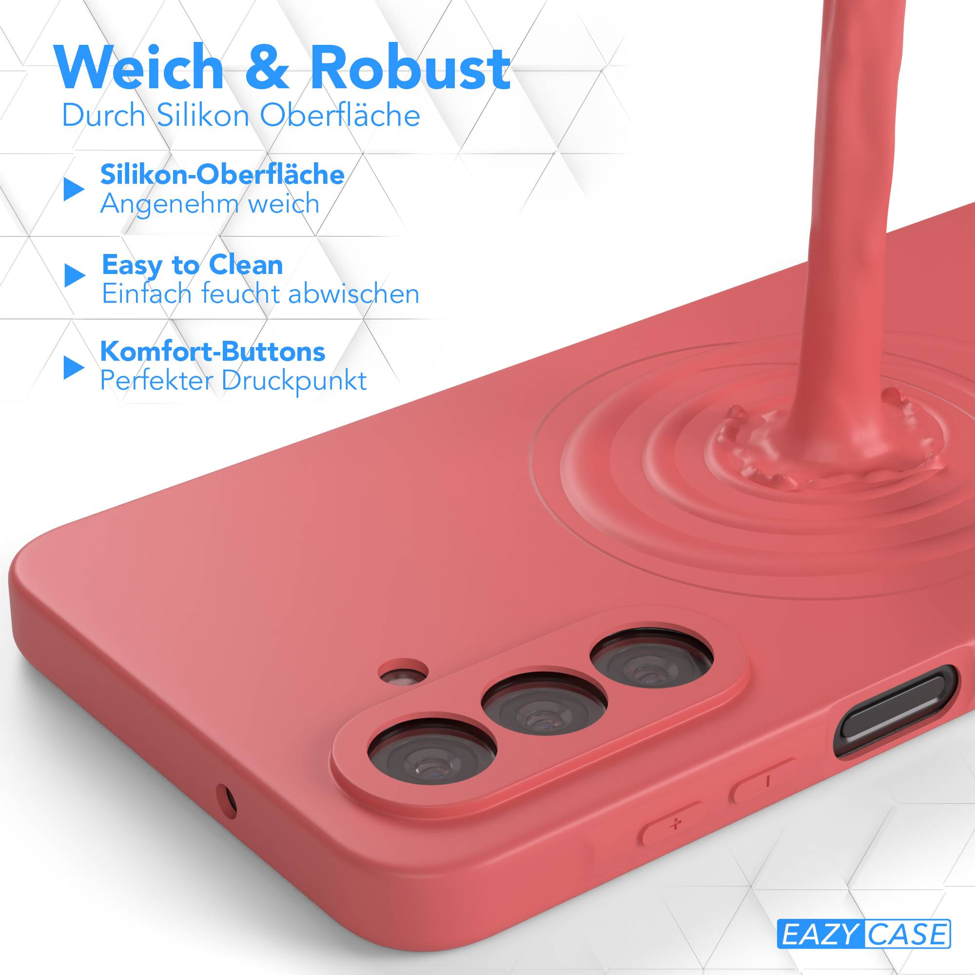 Eine rosa Handyhülle mit Flüssigkeitsspritzeffekt und Text zur Förderung von Funktionen wie weichem Silikon und einfacher Reinigung.