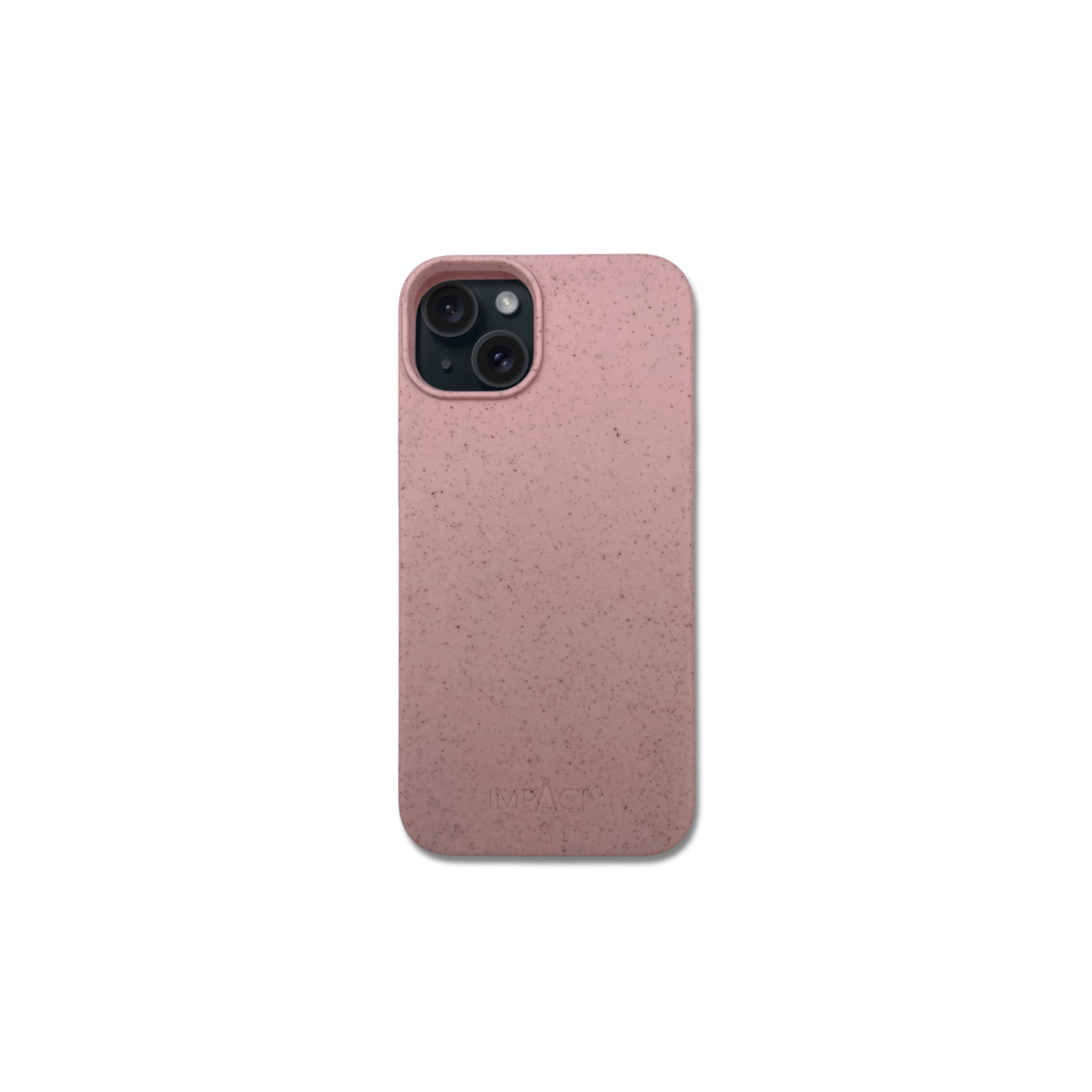 Una custodia per telefono rosa con macchie scure, con ritagli per la fotocamera, poggia su una superficie bianca. Il marchio IMPACT è visibile.