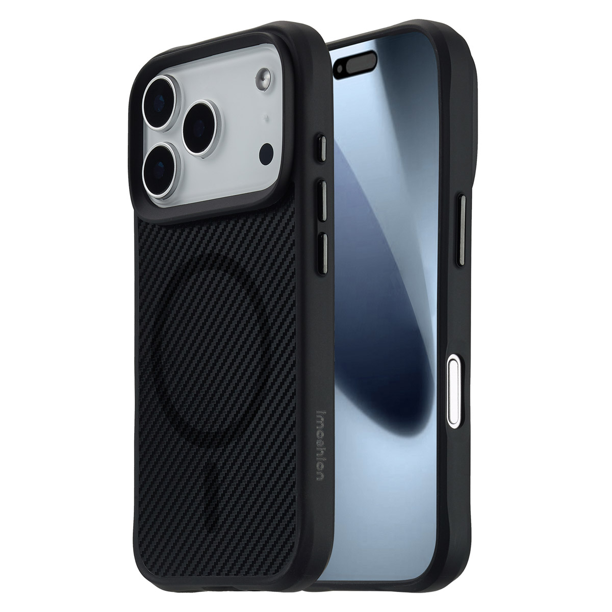 Coque de téléphone noire avec texture fibre de carbone. Appareil photo et écran visibles. La coque porte une marque.