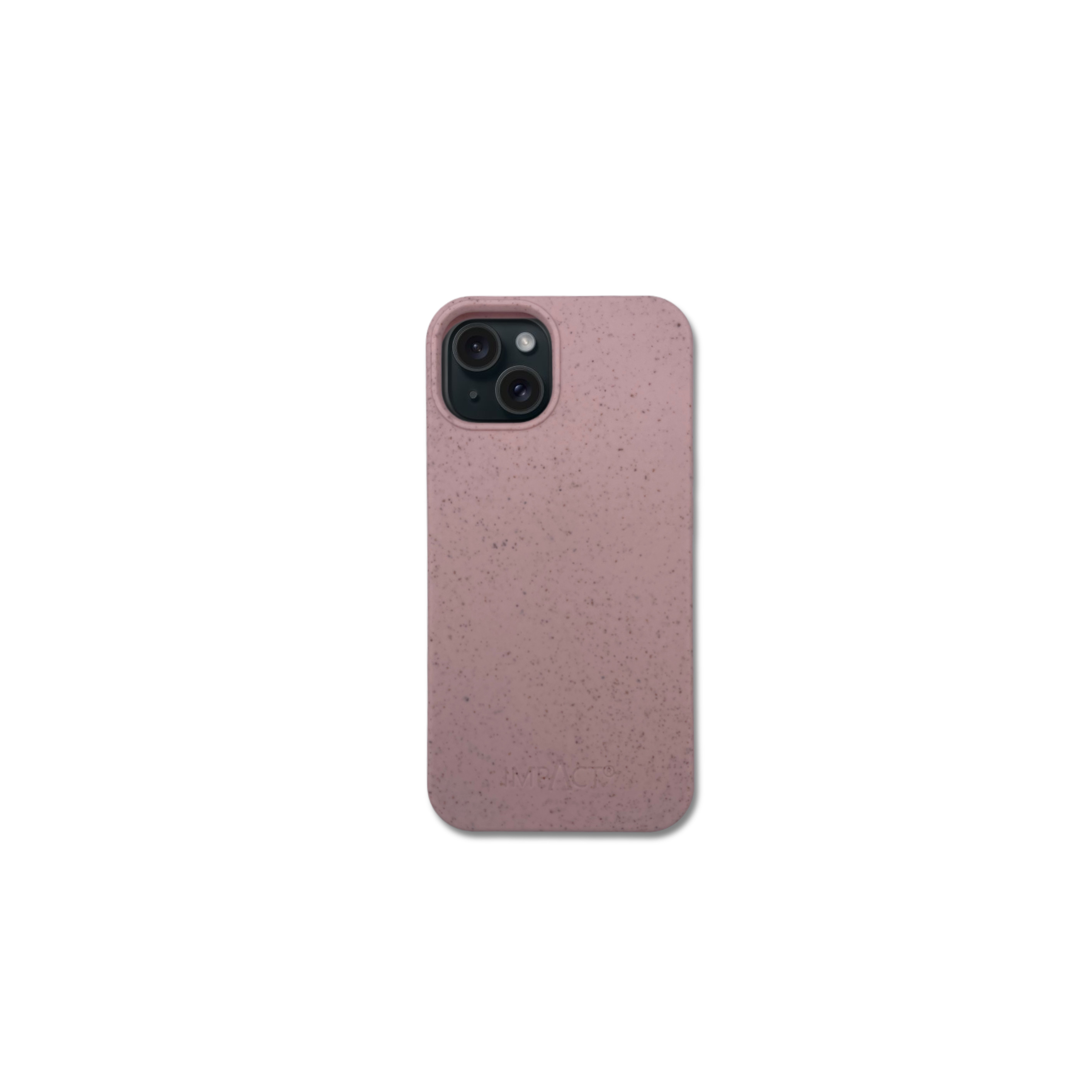 Una custodia rosa per telefono con ritaglio per fotocamera è centrata su uno sfondo bianco.