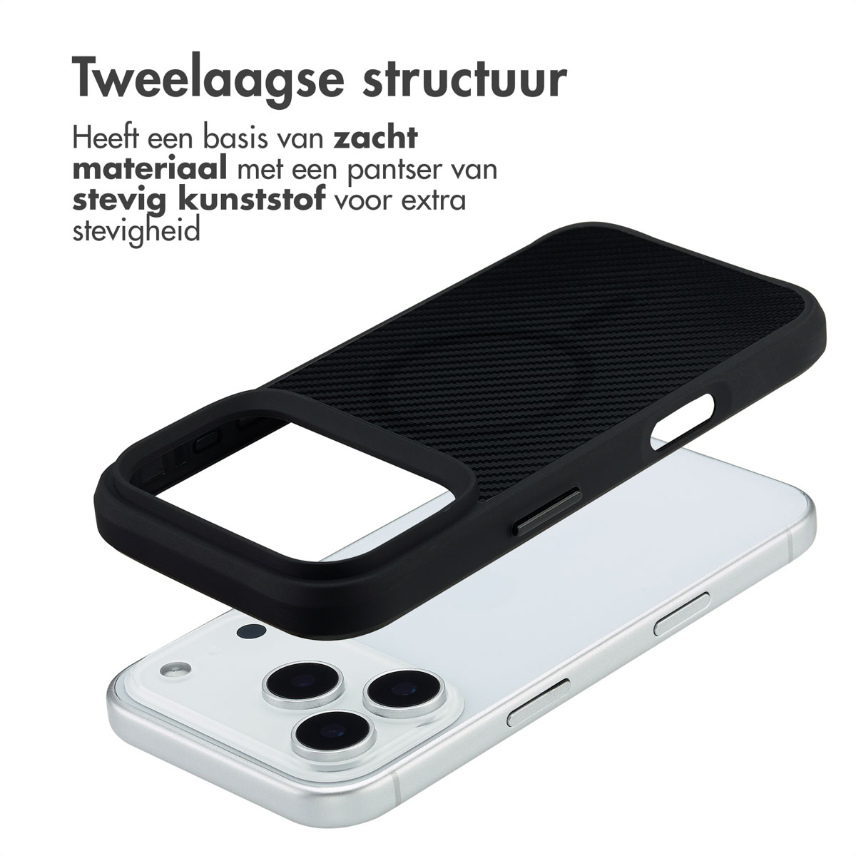 Coque de téléphone noire au-dessus d'un téléphone argenté, montrant deux couches. Texte en néerlandais : Structure à deux couches, avec une base en matériau souple.