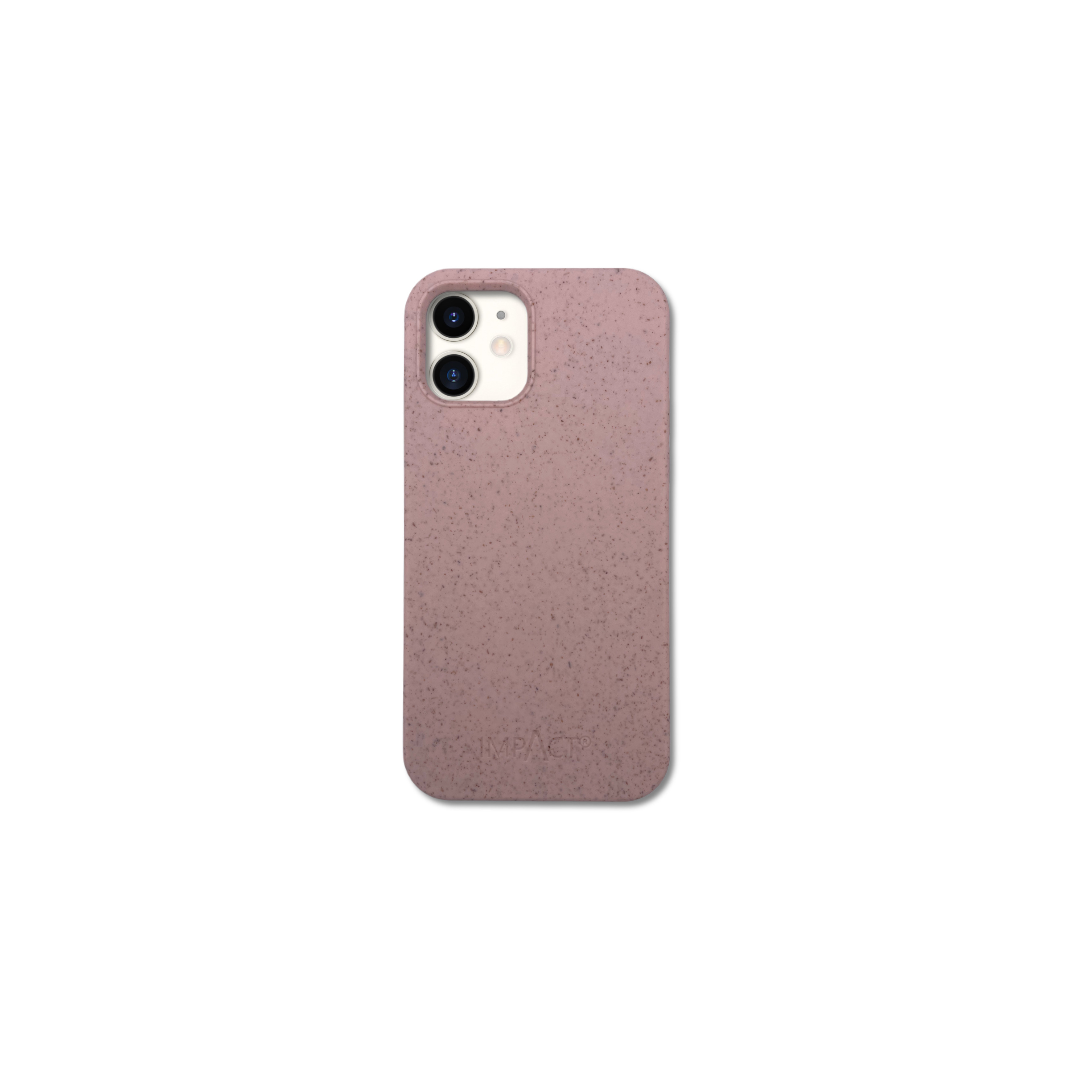 Una custodia rosa per telefono con due obiettivi. La custodia ha una trama maculata e la parola IMPACT in basso.