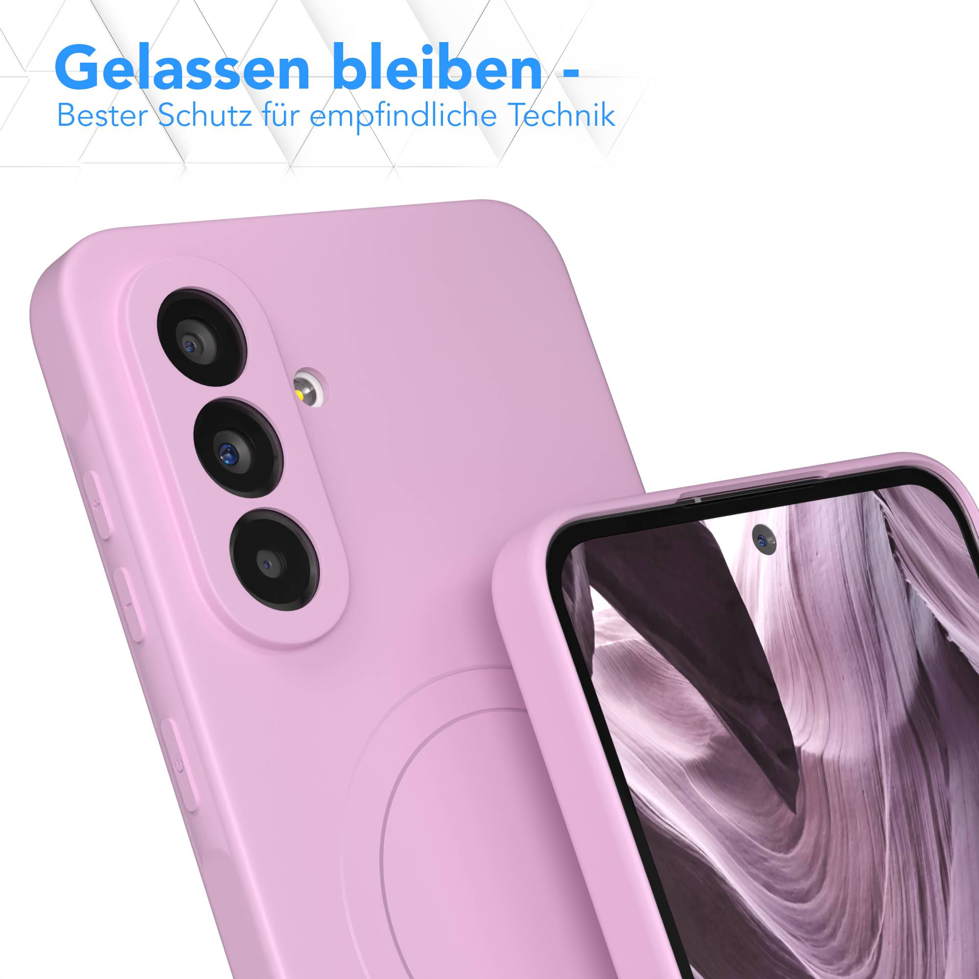 Rosa Handyhülle mit drei Kameralinsen, der Bildschirm zeigt eine Landschaft. Der Hintergrund ist weiß mit blauem Text.