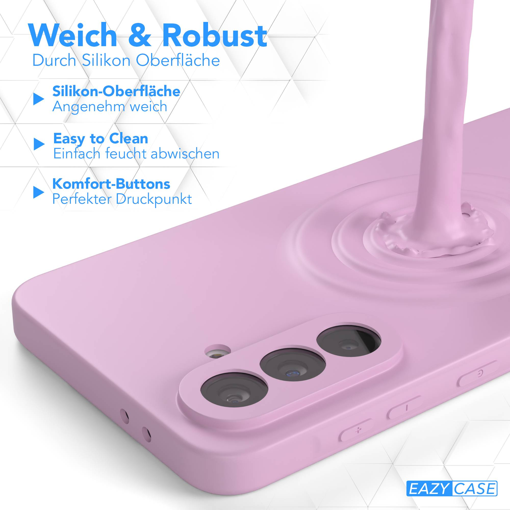 Eine rosa Handyhülle mit drei Kameralöchern, Textüberlagerung und einem flüssigkeitsartigen Spritzer. Die Hülle befindet sich auf hellem Hintergrund.