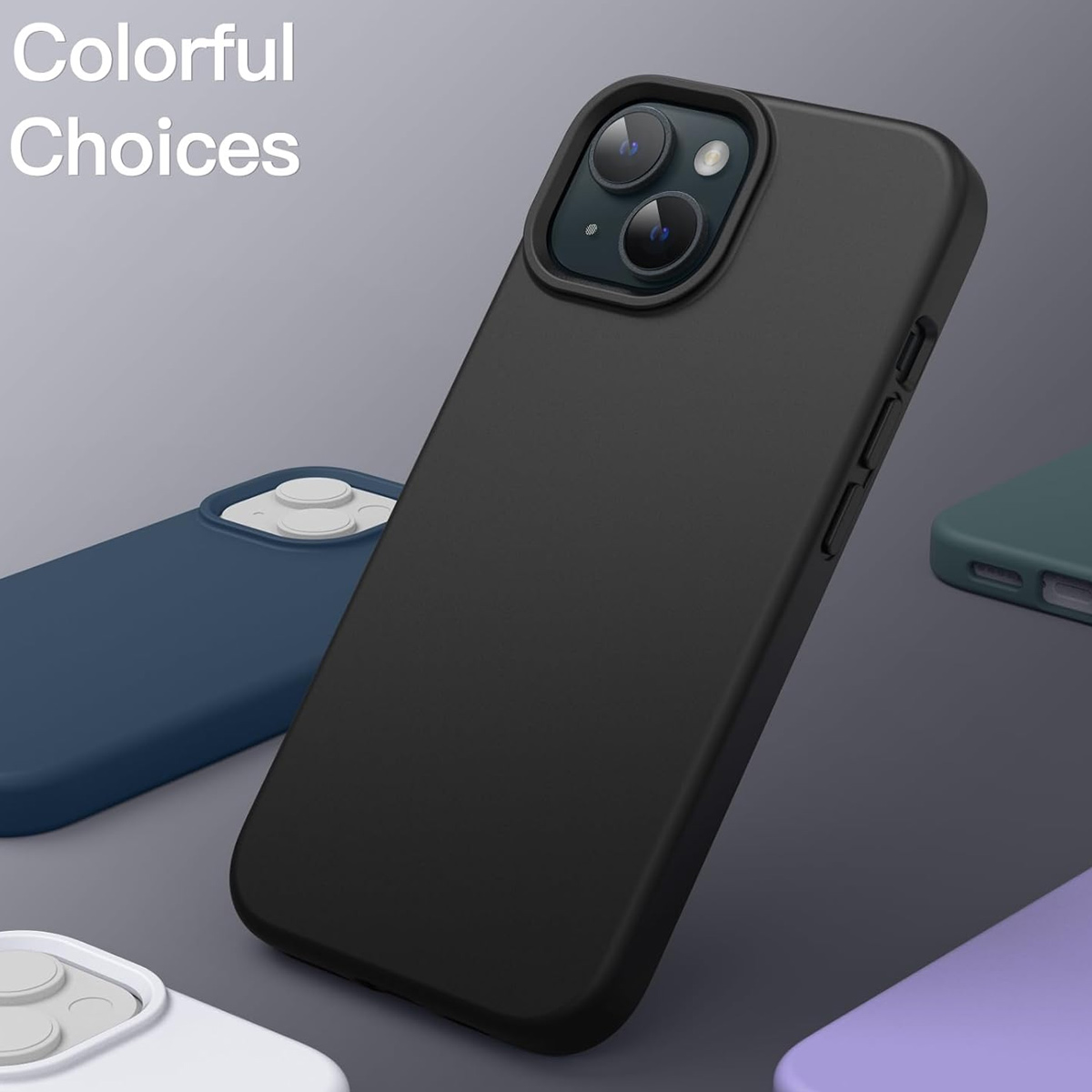 Schwarze Handyhülle im Fokus, mit anderen bunten Hüllen im Hintergrund. Text 'Colorful Choices' oben links.