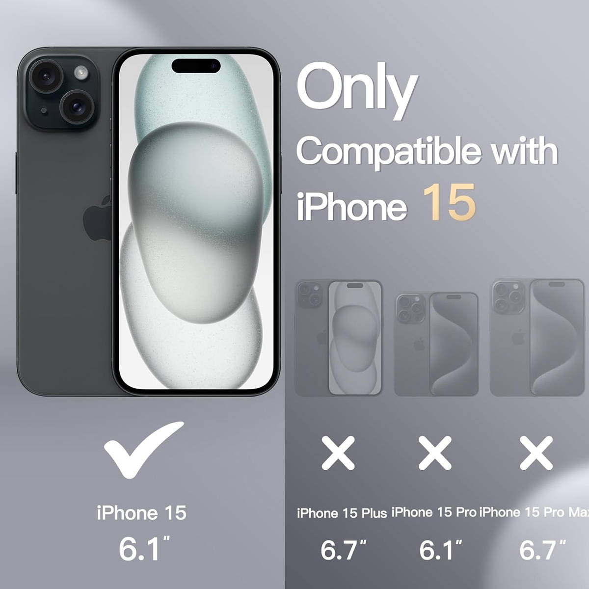 Das Bild zeigt ein iPhone 15, mit einem Häkchen und andere iPhones mit X gekennzeichnet. Text: 'Nur kompatibel mit iPhone 15'.