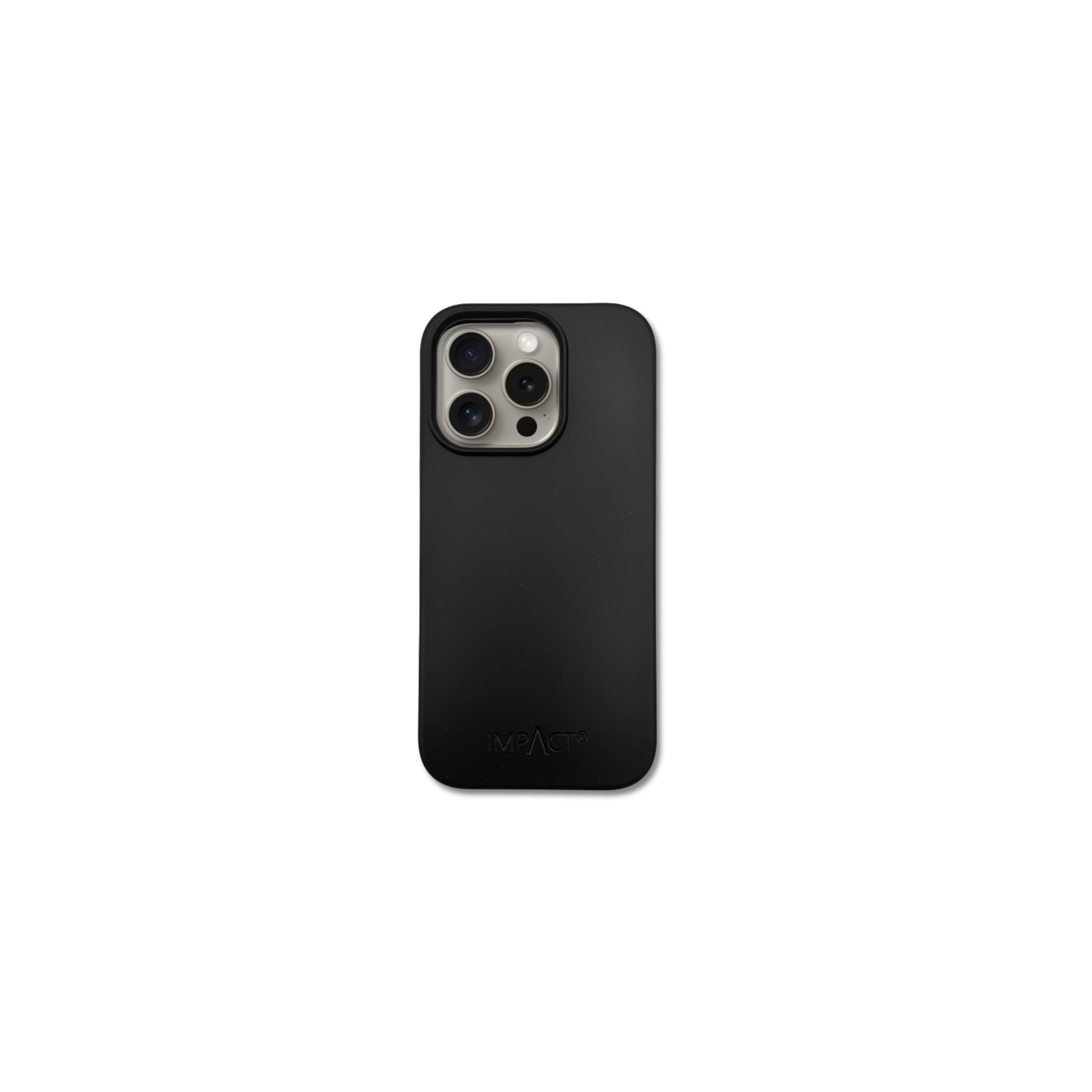 Una custodia nera per telefono con logo IMPACT su sfondo bianco. La custodia ha un rigonfiamento della fotocamera.
