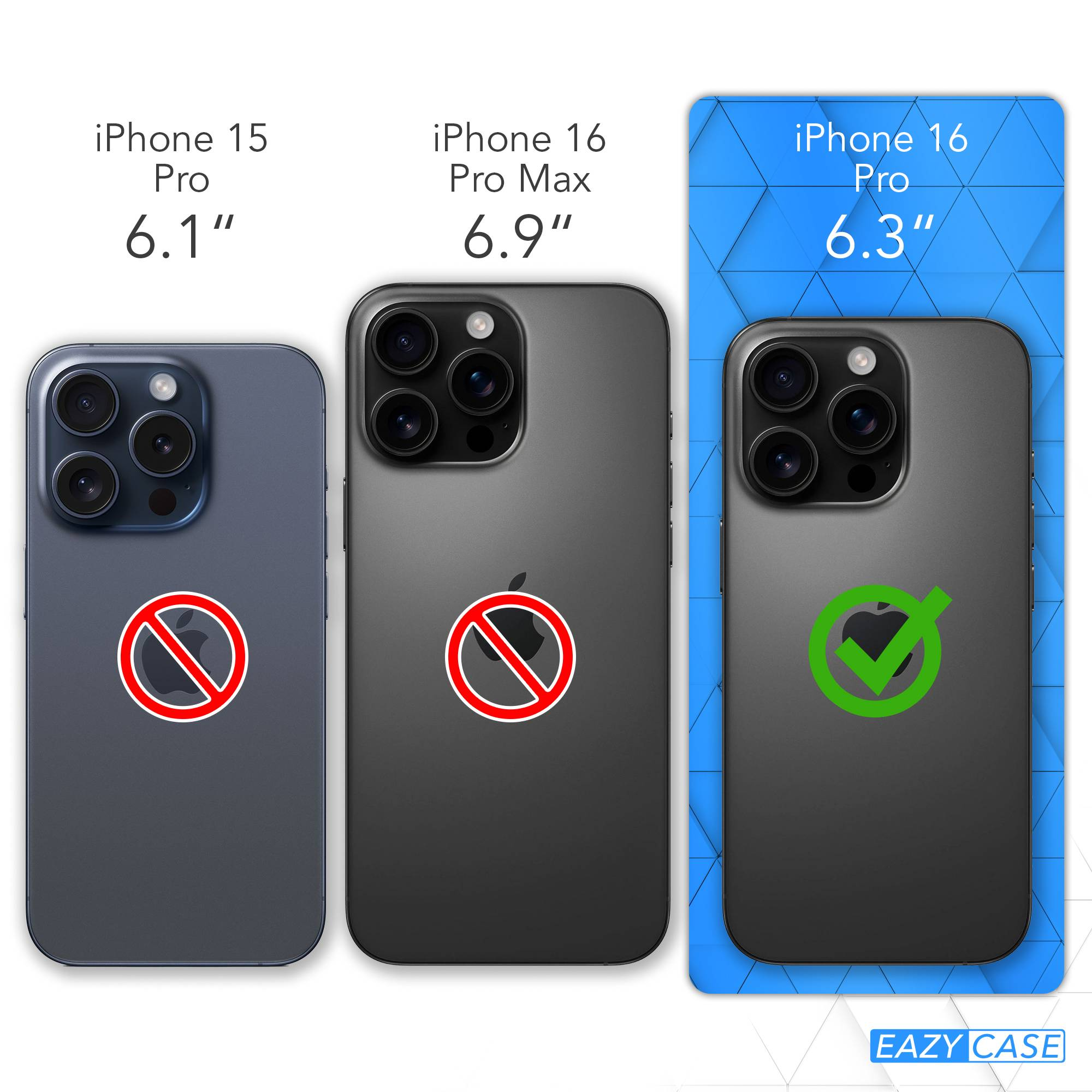 Das Bild zeigt drei iPhone-Modelle: iPhone 15 Pro, iPhone 16 Pro Max und iPhone 16 Pro. Das letzte ist als genehmigt markiert.