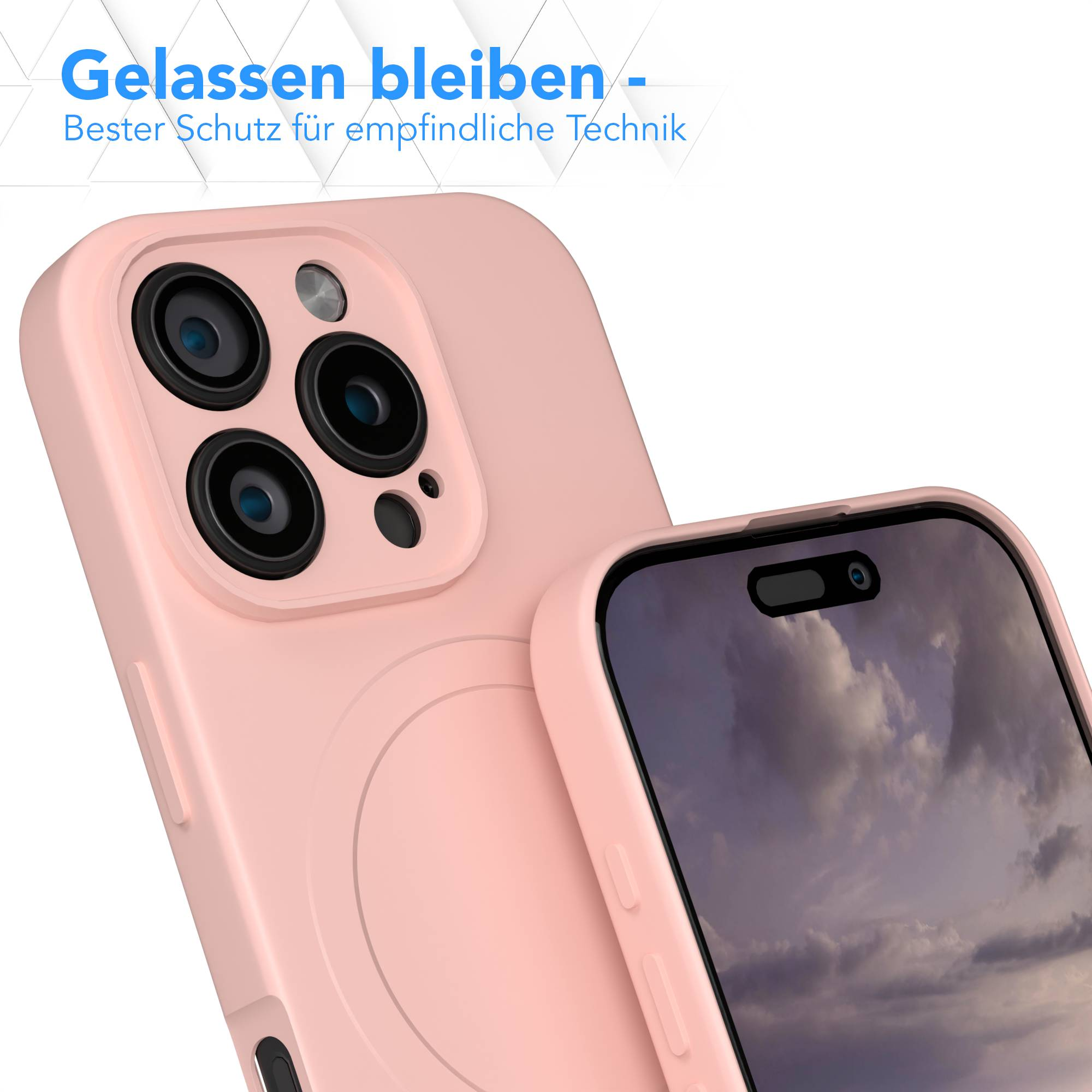 Rosa Handyhülle mit Telefon. Die Hülle hat einen Kameraausschnitt. Text oben: 'Bleiben Sie gelassen'.