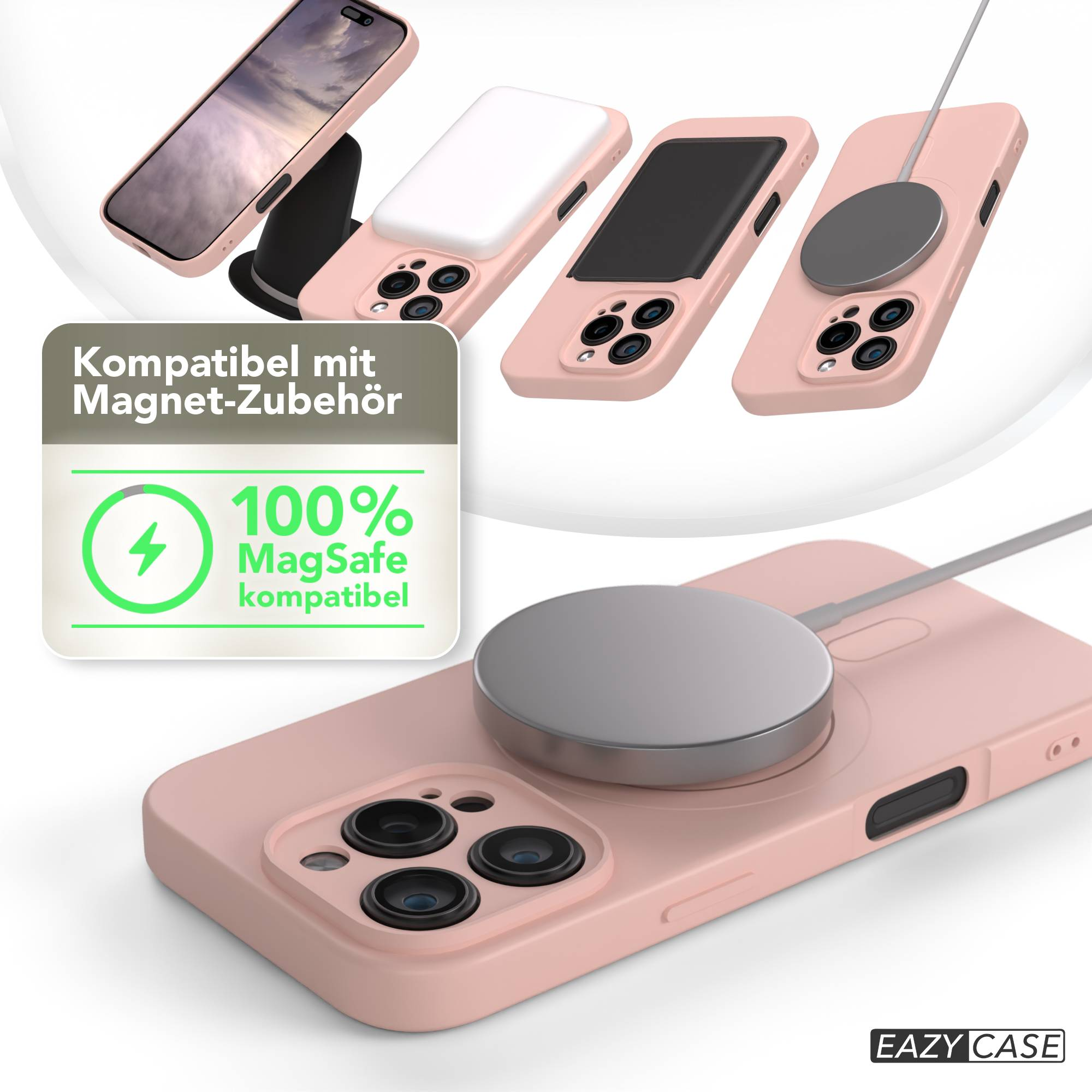 Rosafarbene Handyhüllen mit MagSafe-Zubehör. Eine Hülle mit Ladegerät und ein Kompatibilitätsschild sind sichtbar. Die Marke ist EAZY CASE.