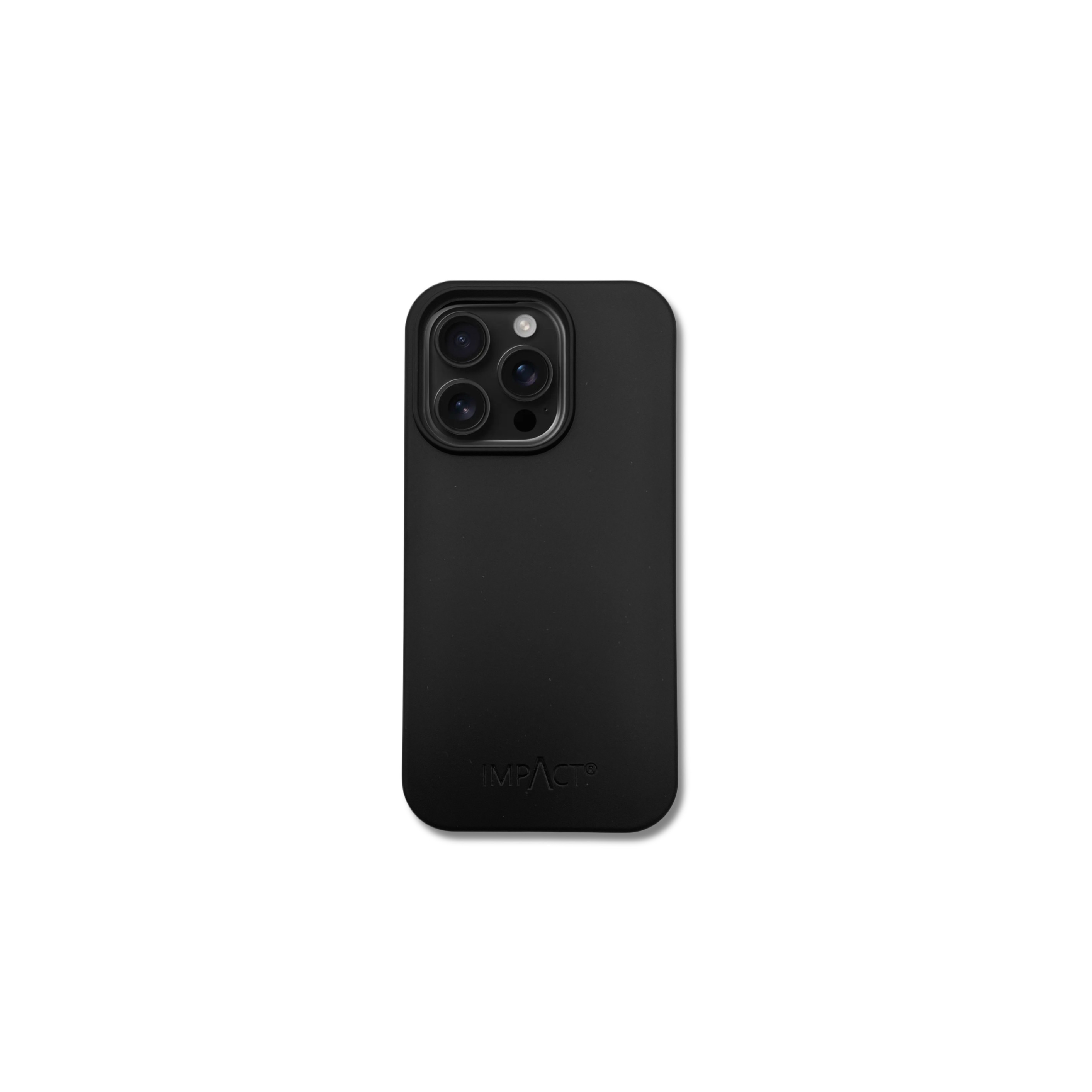 Custodia nera per telefono con ritagli per fotocamera, su bianco. La custodia ha il marchio 'MPACT' in basso.