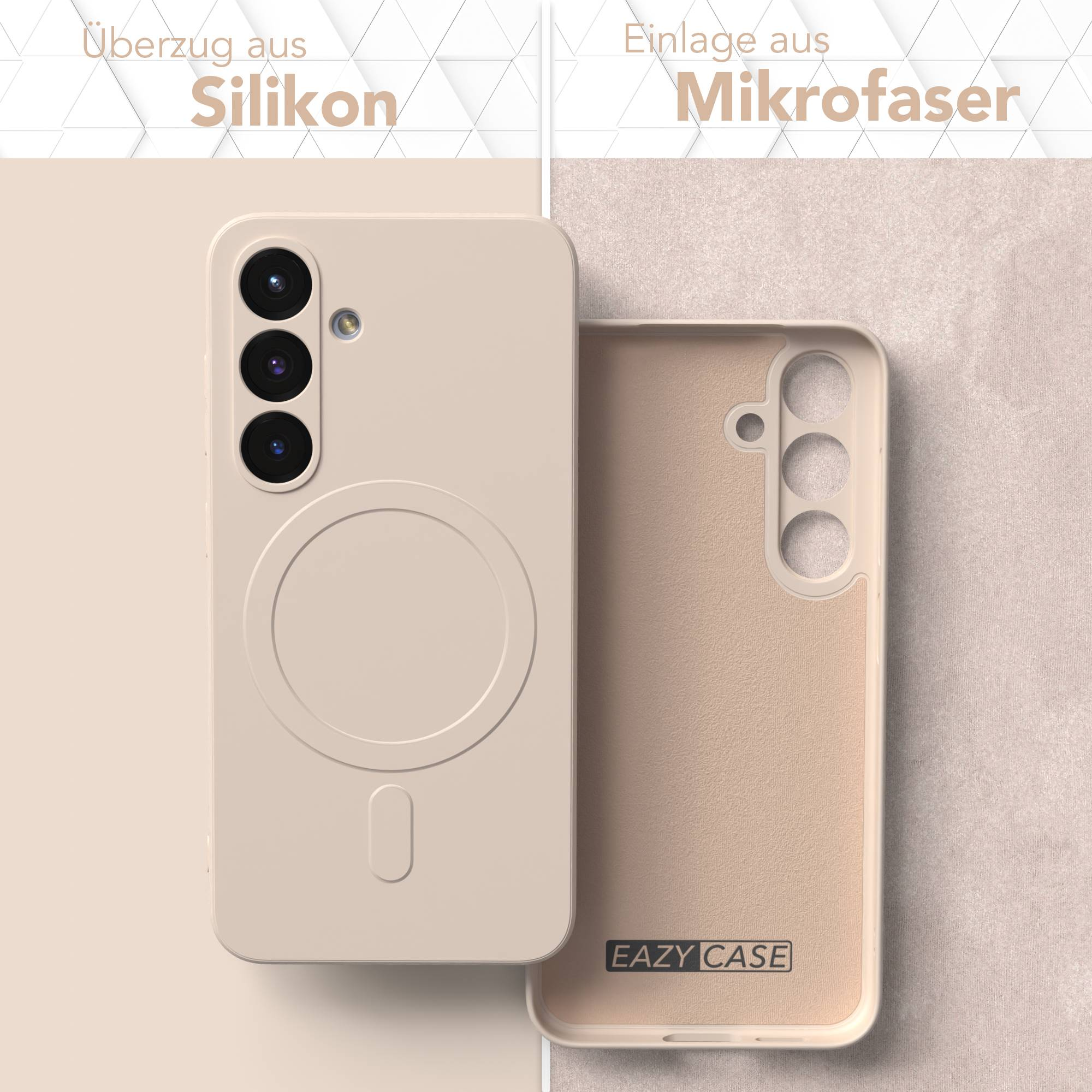 Zwei Handyhüllen, eine offen. Links die Silikonaußenseite, rechts das Mikrofaser-Innenfutter. Beige, Eazy Case Logo sichtbar.