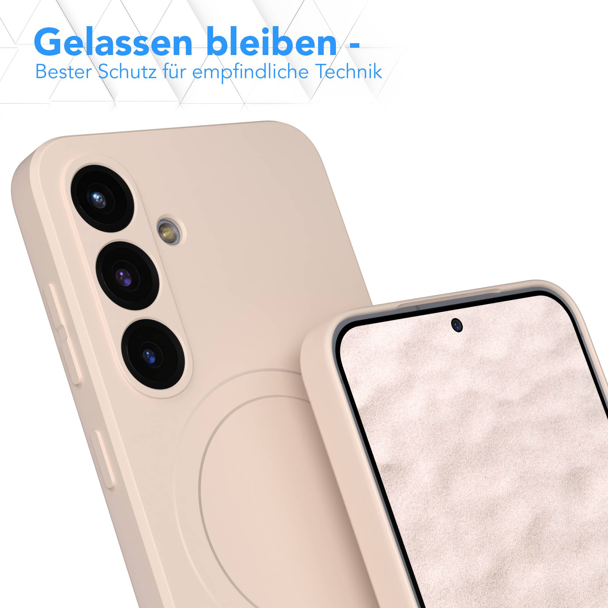 Ein Smartphone mit Schutzhülle wird gezeigt. Das Telefon hat mehrere Kameralinsen. Hülle und Telefon sind hell.