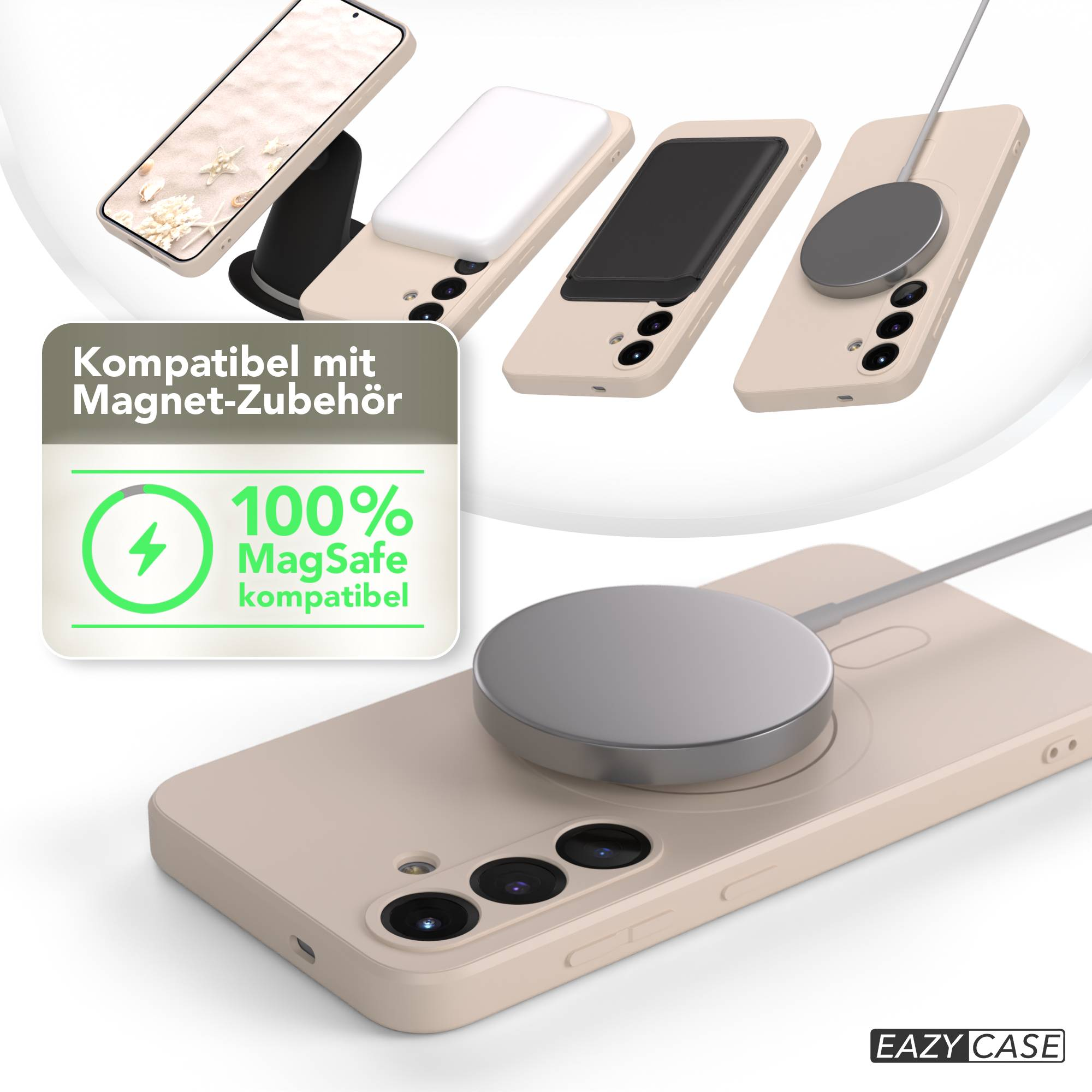 Das Bild zeigt Telefone mit Hüllen und MagSafe-Zubehör. Eine grüne Grafik zeigt 100% MagSafe-kompatibel. Das Eazy Case-Logo ist sichtbar.