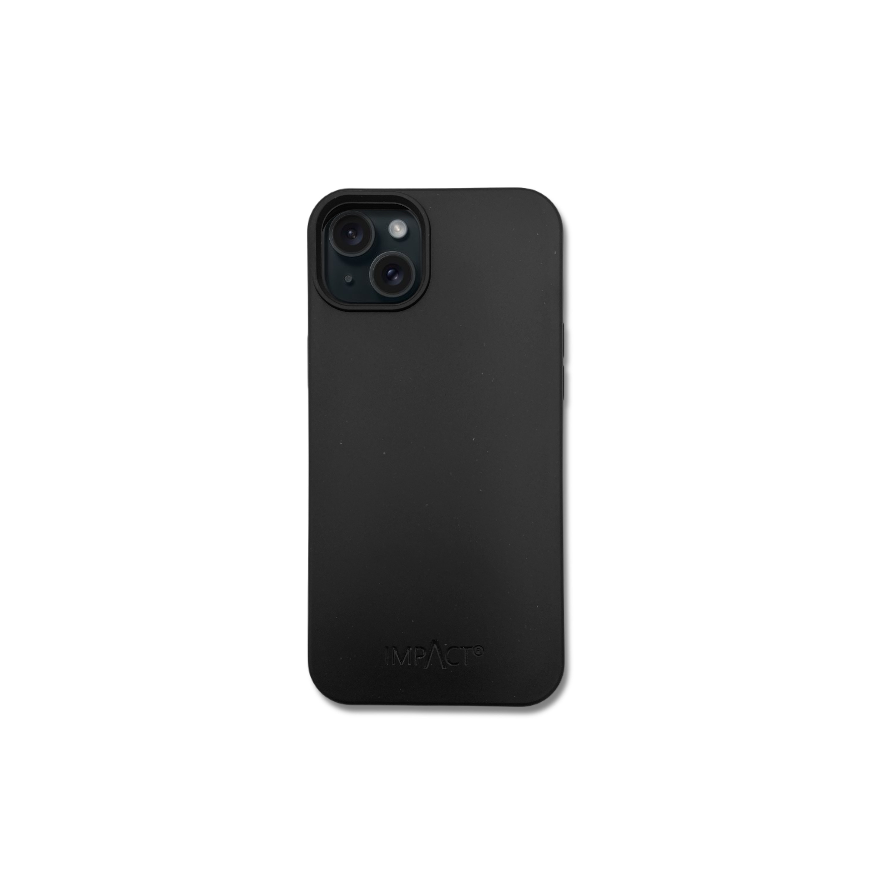 Una custodia nera per telefono su sfondo bianco. La custodia ha un ritaglio per la fotocamera e la scritta IMPACT.