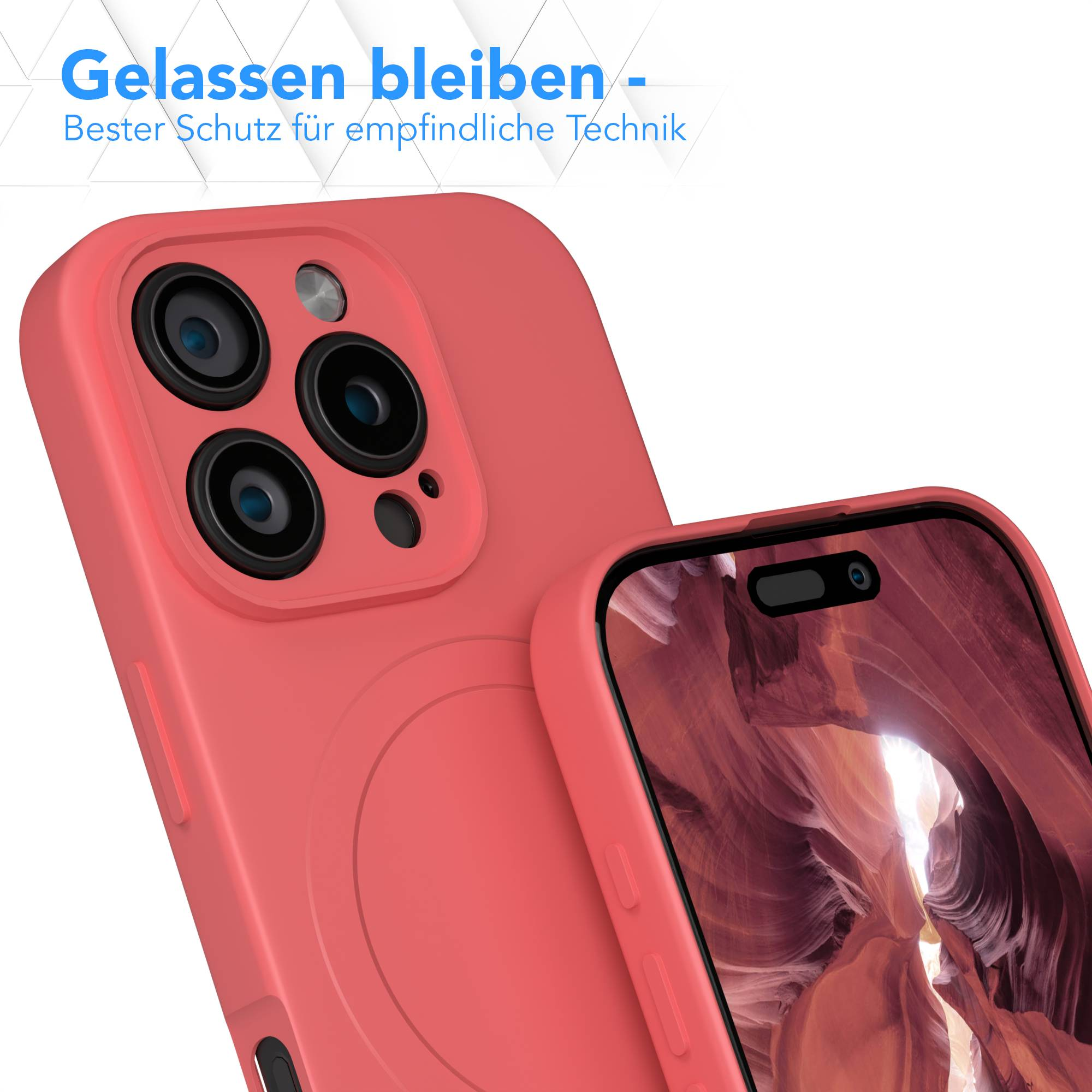 Eine korallenfarbene Handyhülle mit Kameraausschnitten. Ein Telefon ist darin. Der Text oben lautet "Gelassen bleiben - Bester Schutz für empfindliche Technik".