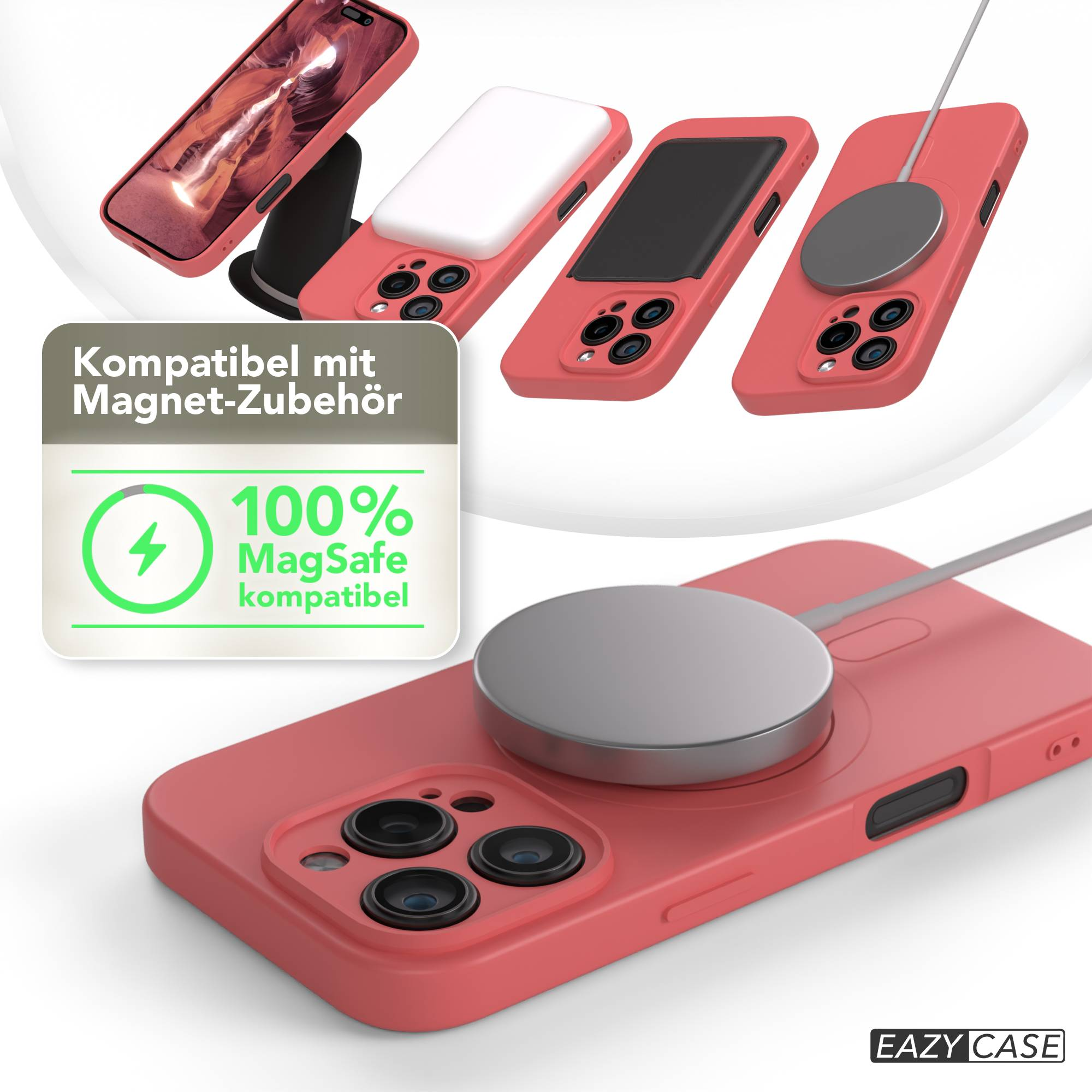 Das Bild zeigt mehrere rosa Handyhüllen, ein MagSafe-Ladegerät und ein Schild mit MagSafe-Kompatibilität.