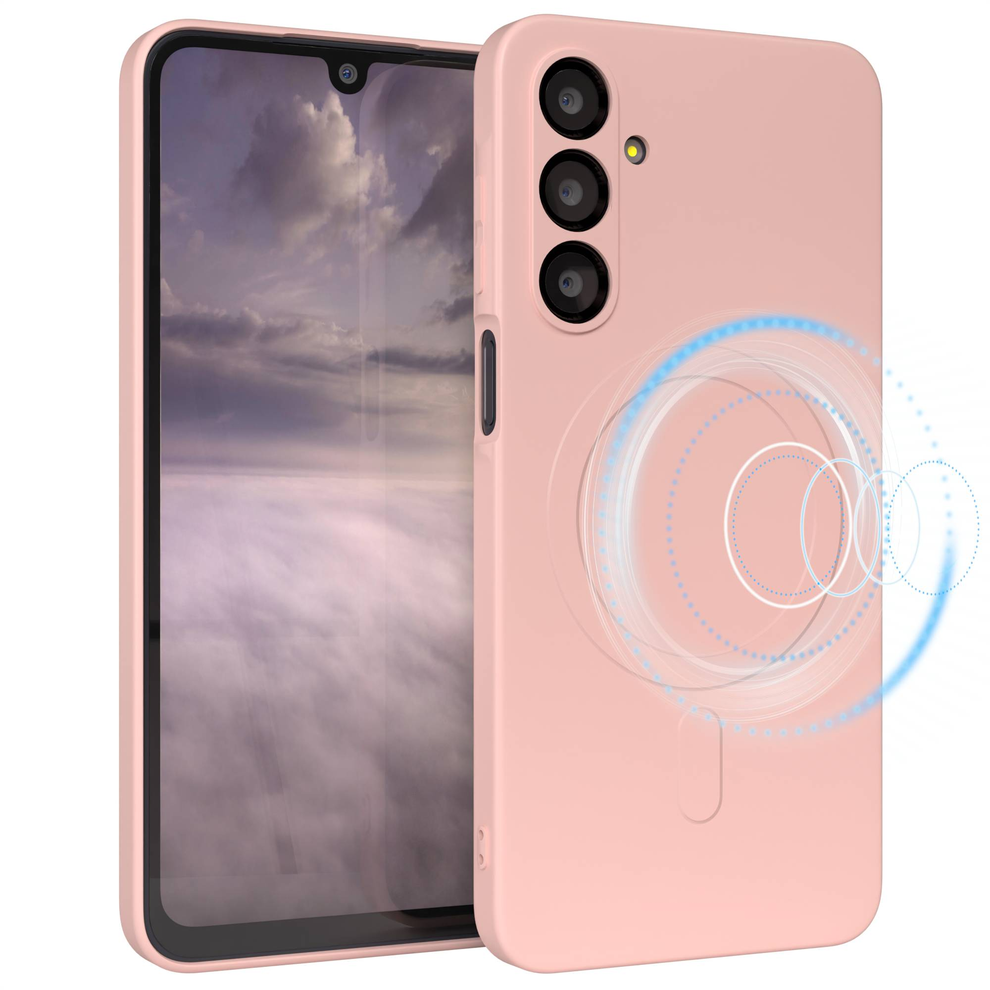 Eine hellrosa Handyhülle mit einem Telefon darin. Die Hülle hat drei Kameras und ein kreisförmiges Design auf der Rückseite.